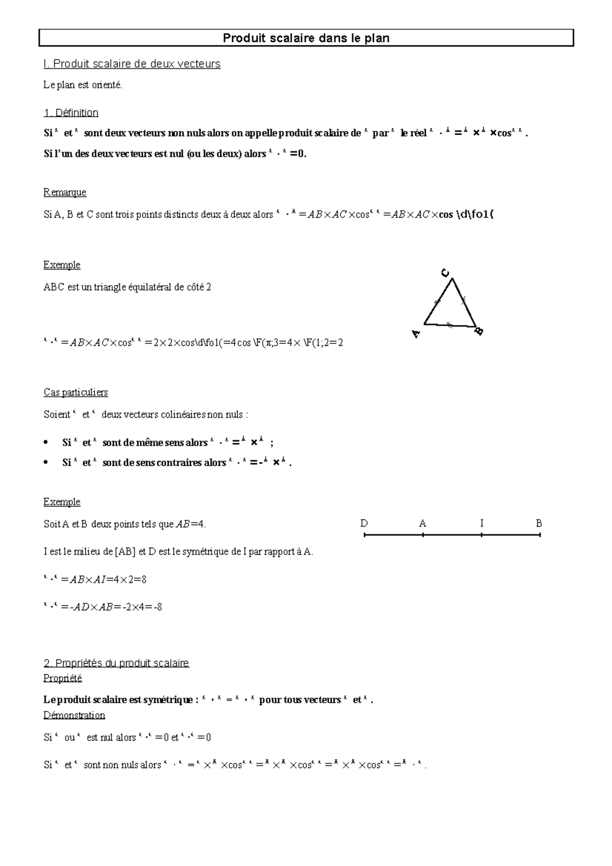 Produit scalaire - math Lycee - I. Produit scalaire de deux vecteurs Le ...
