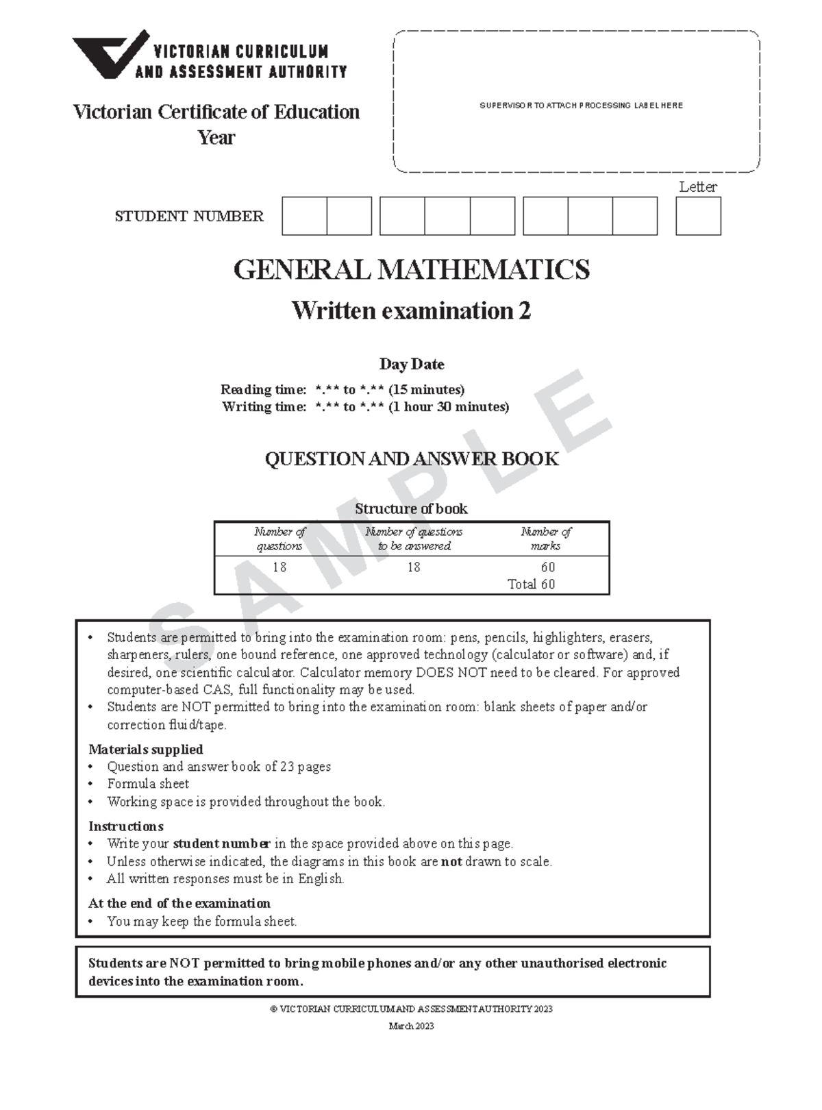 Genmath 2-sample-w - exam from vcaa - S A M P L E GENERAL MATHEMATICS ...