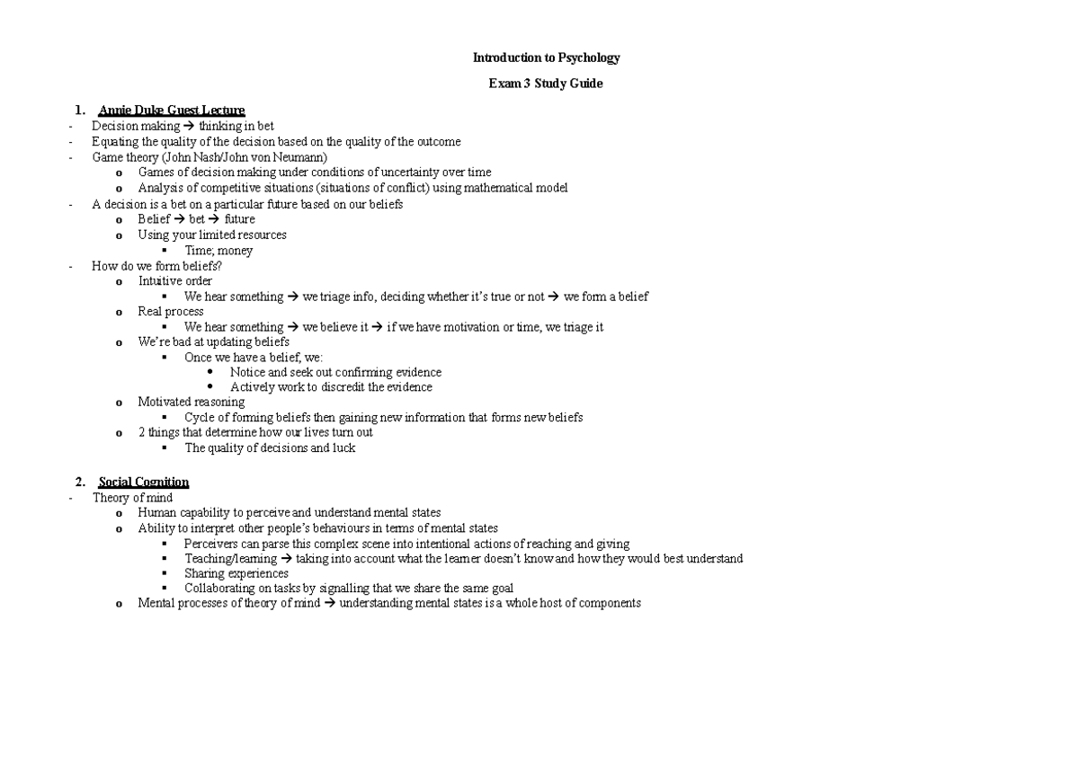 Exam 3 Review Notes - Introduction to Psychology Exam 3 Study Guide ...
