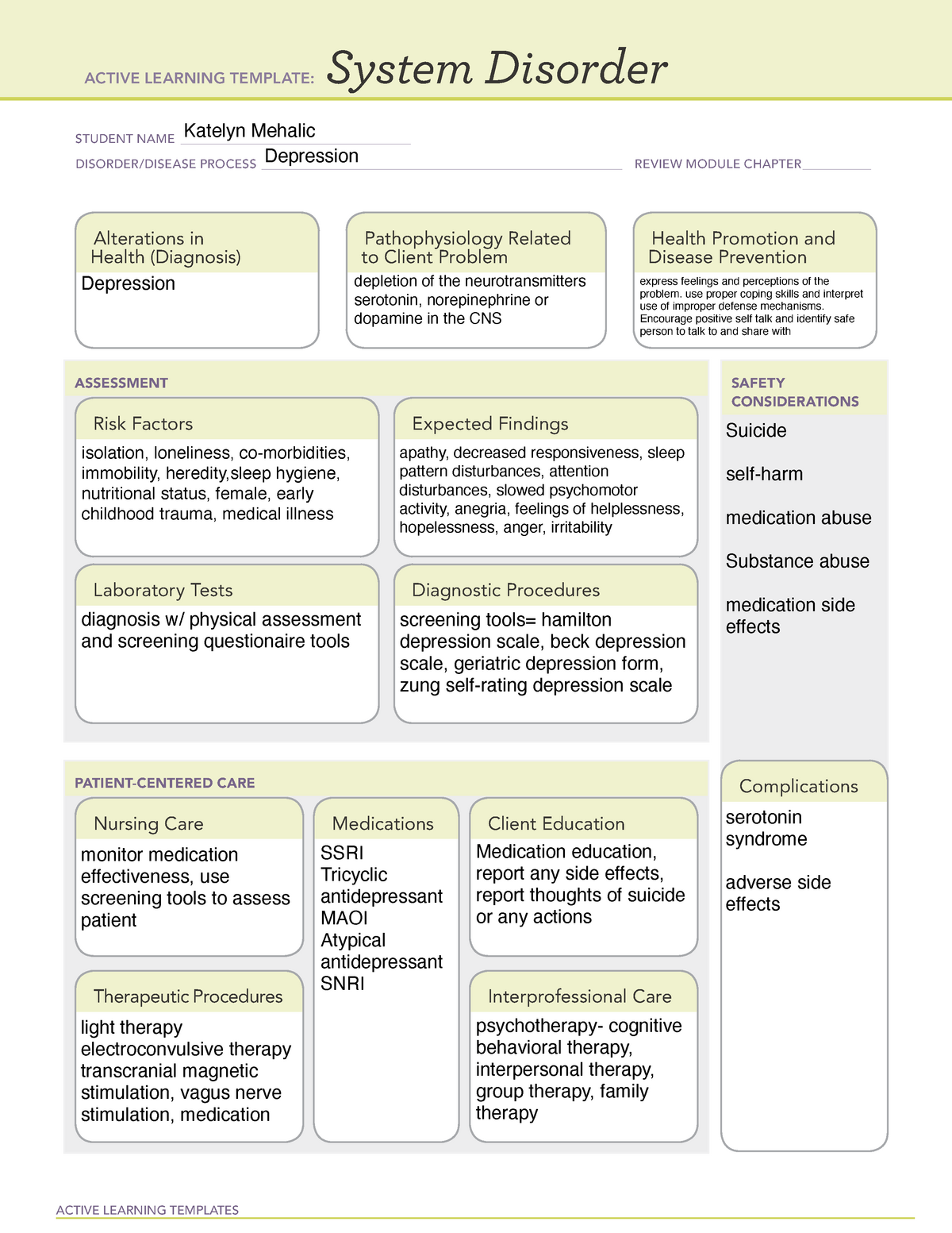 Depression system disorder ACTIVE LEARNING TEMPLATES System Disorder