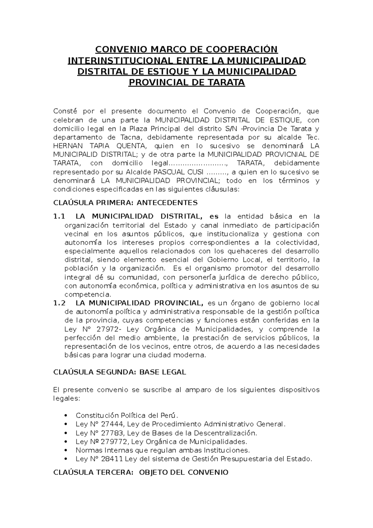 Convenio CON LA Municipalidad E Tarata - CONVENIO MARCO DE COOPERACIÓN ...