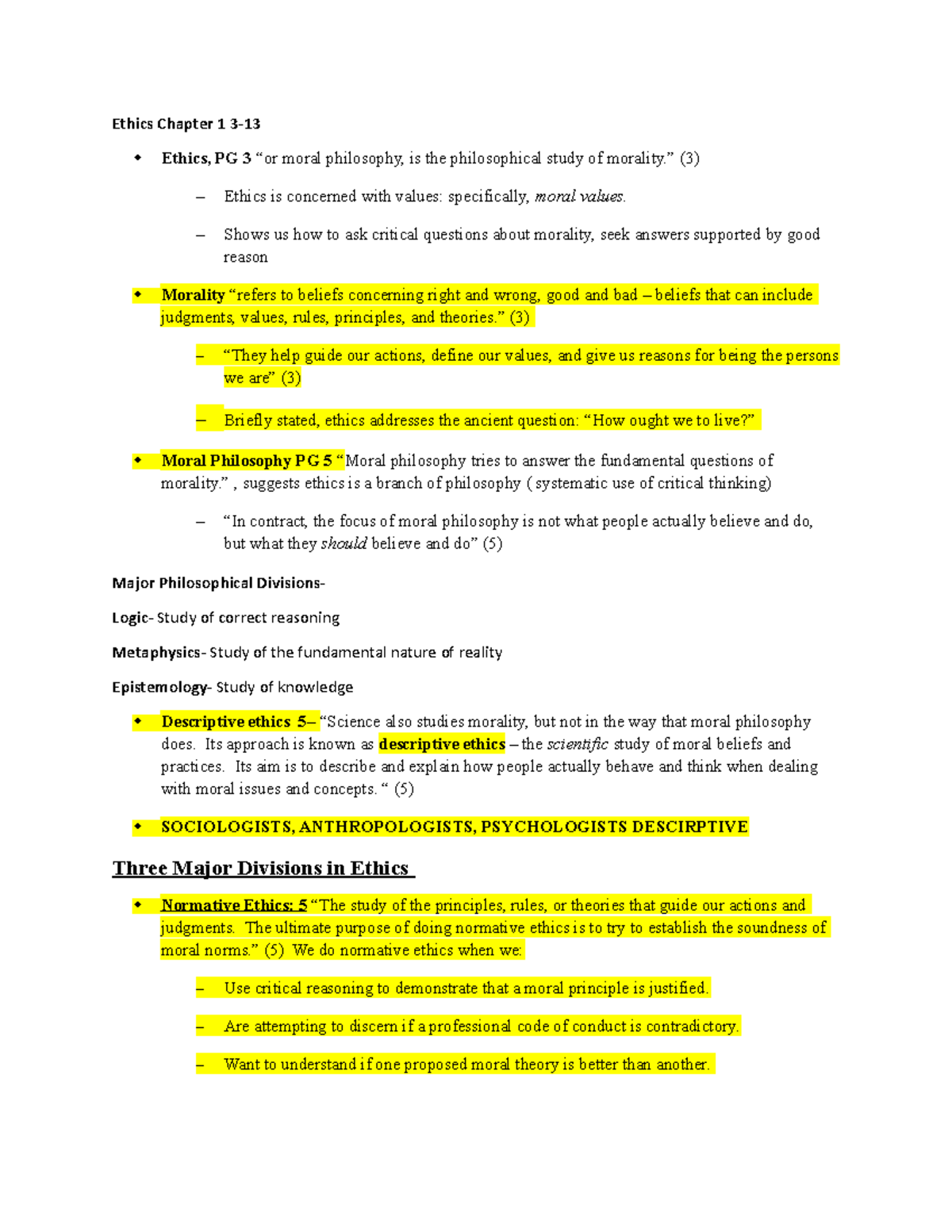 Ethics EXAM 1 Notes - Ethics Chapter 1 3- Ethics, PG 3 “or Moral ...