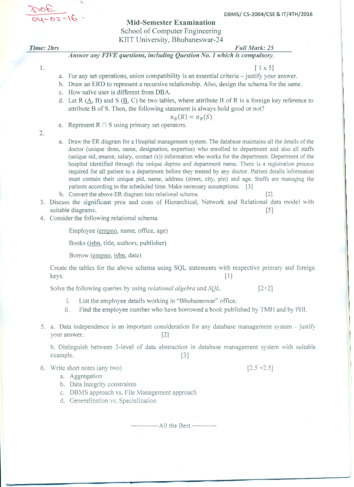 2016 DBMS Mid - important questions - Database Management System - Studocu