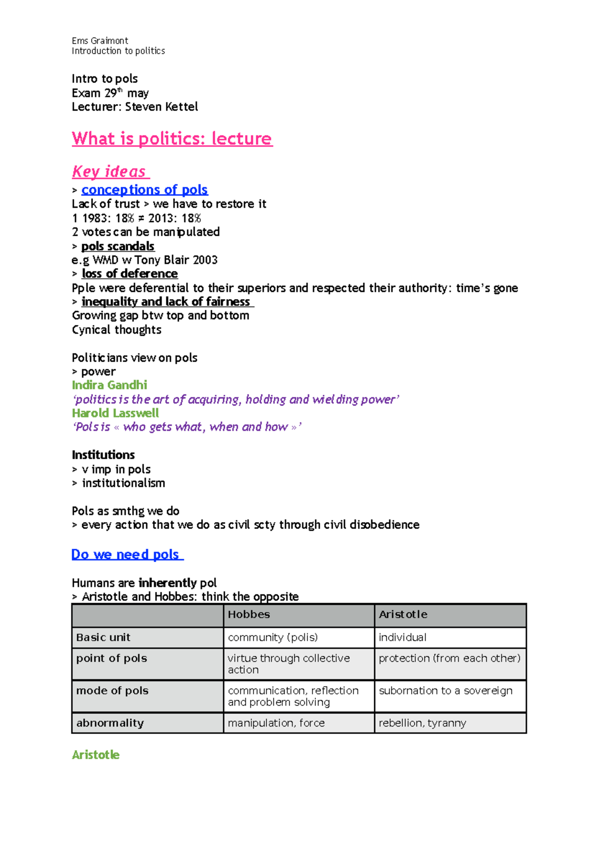 Introduction to Politics - Notes Lectures and seminars (+ few readings ...