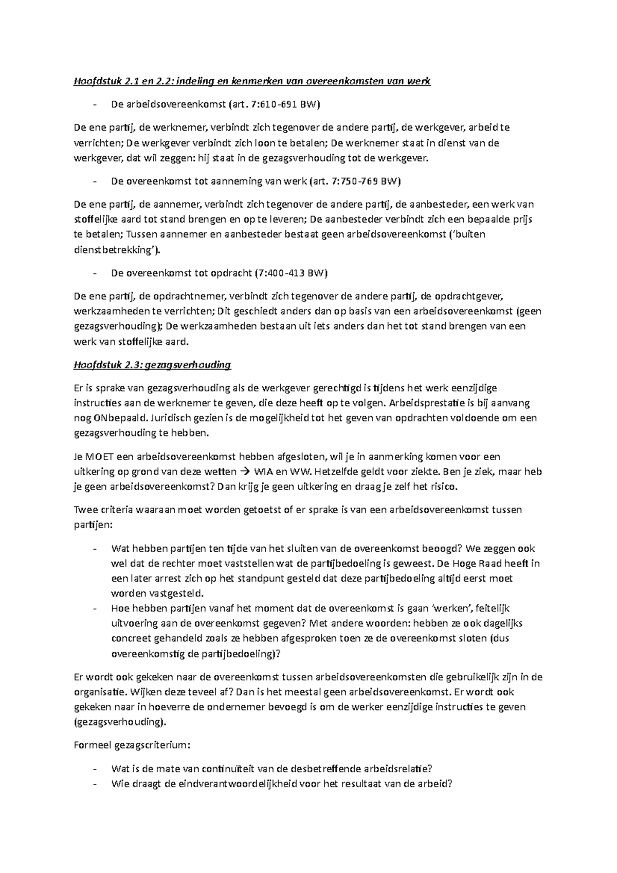 Arbeidsrecht 1 - Samenvatting Reader + Boek - Hoofdstuk 2 En 2 ...