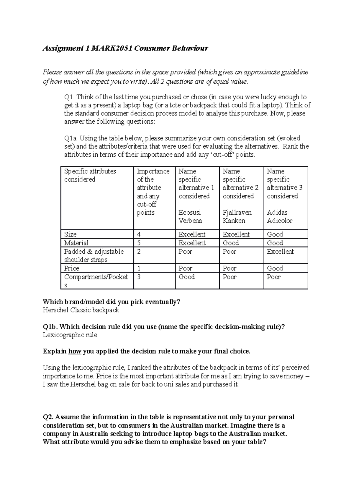 Assignment 1 laptop bag - Assignment 1 MARK2051 Consumer Behaviour ...