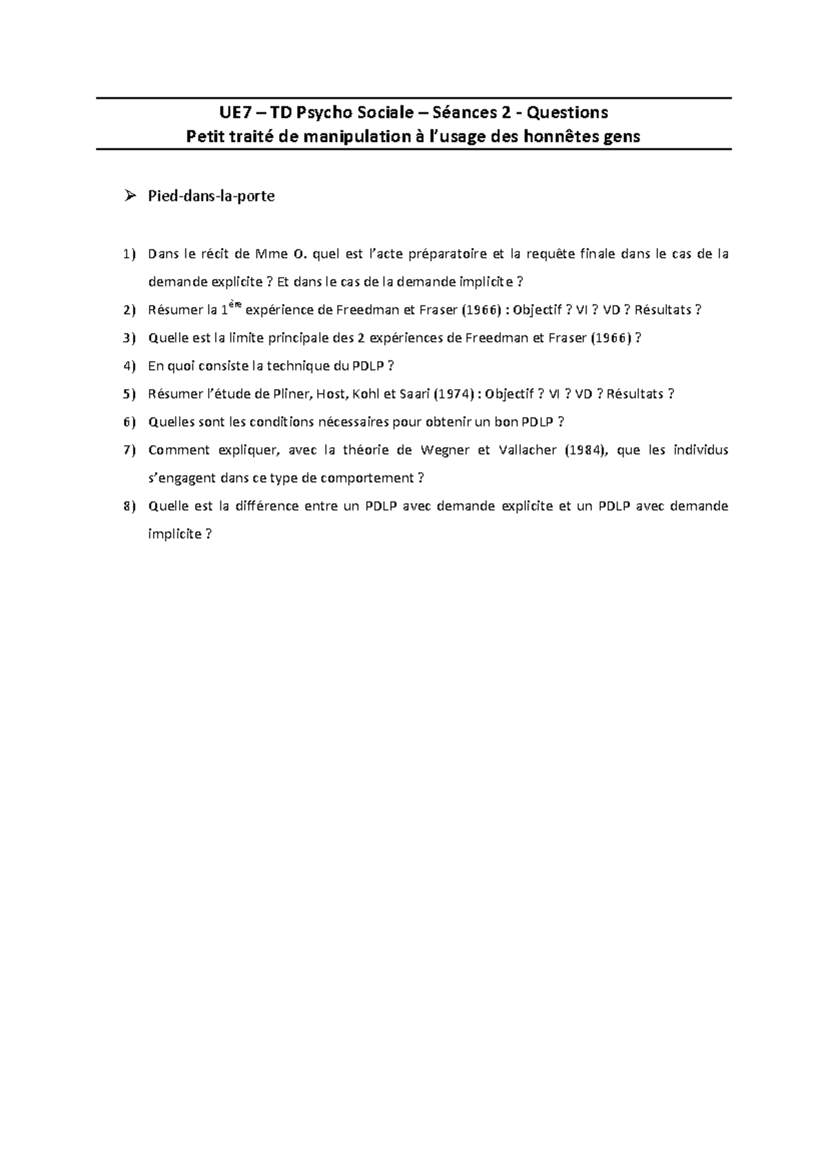 TD dev question pied dans la porte - UE7 – TD Psycho Sociale – Séances ...