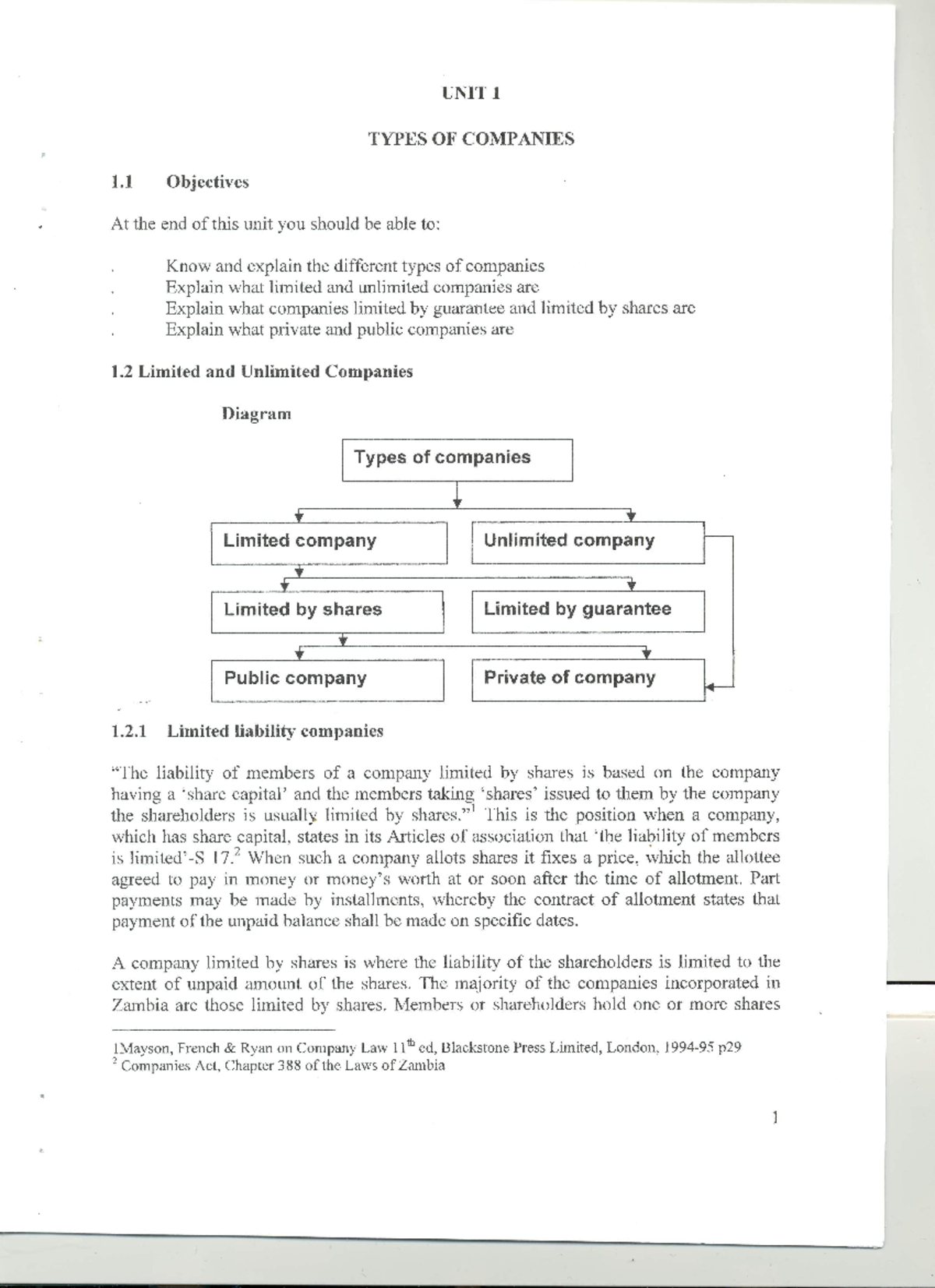 Company LAW Notes UNIT 1 - UNIT 1 TYPES OF COMPANIES 1 Objectives At ...