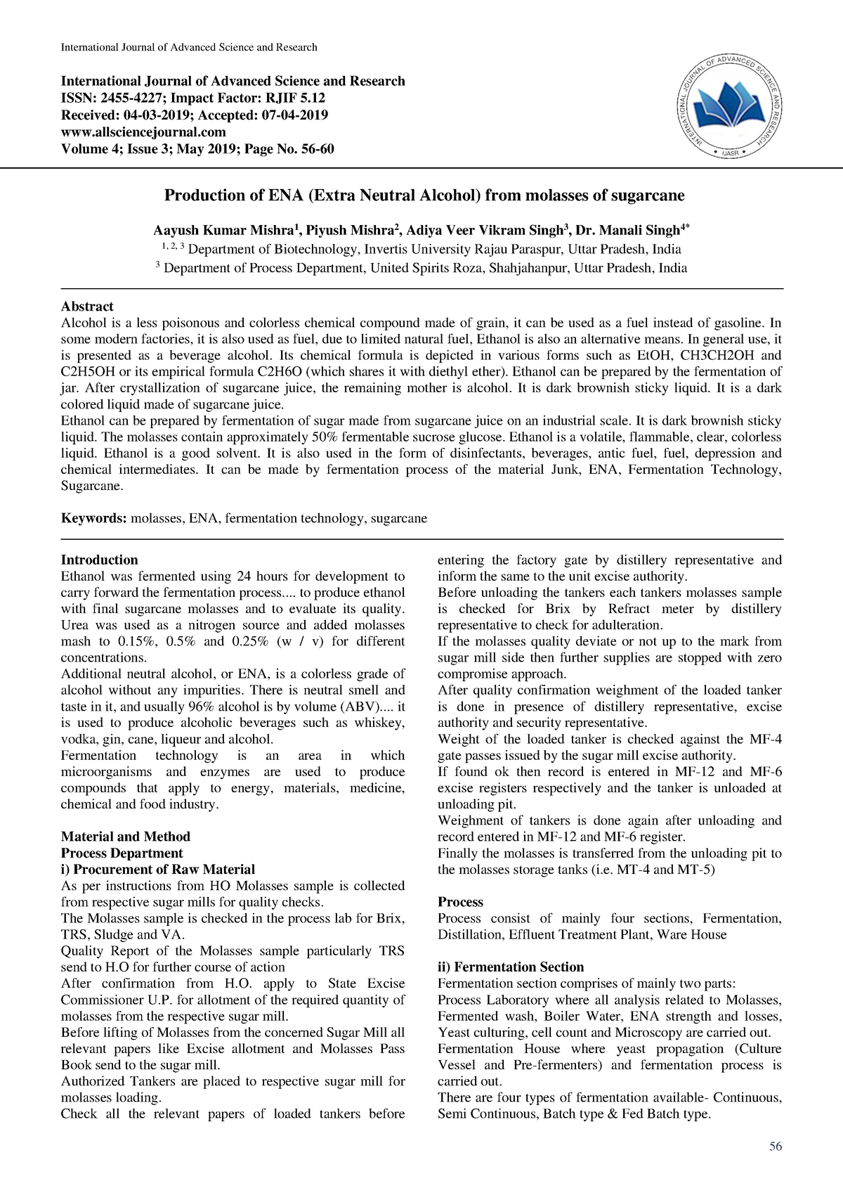 ENA (Extra neutral alcohol) - International Journal of Advanced Science ...