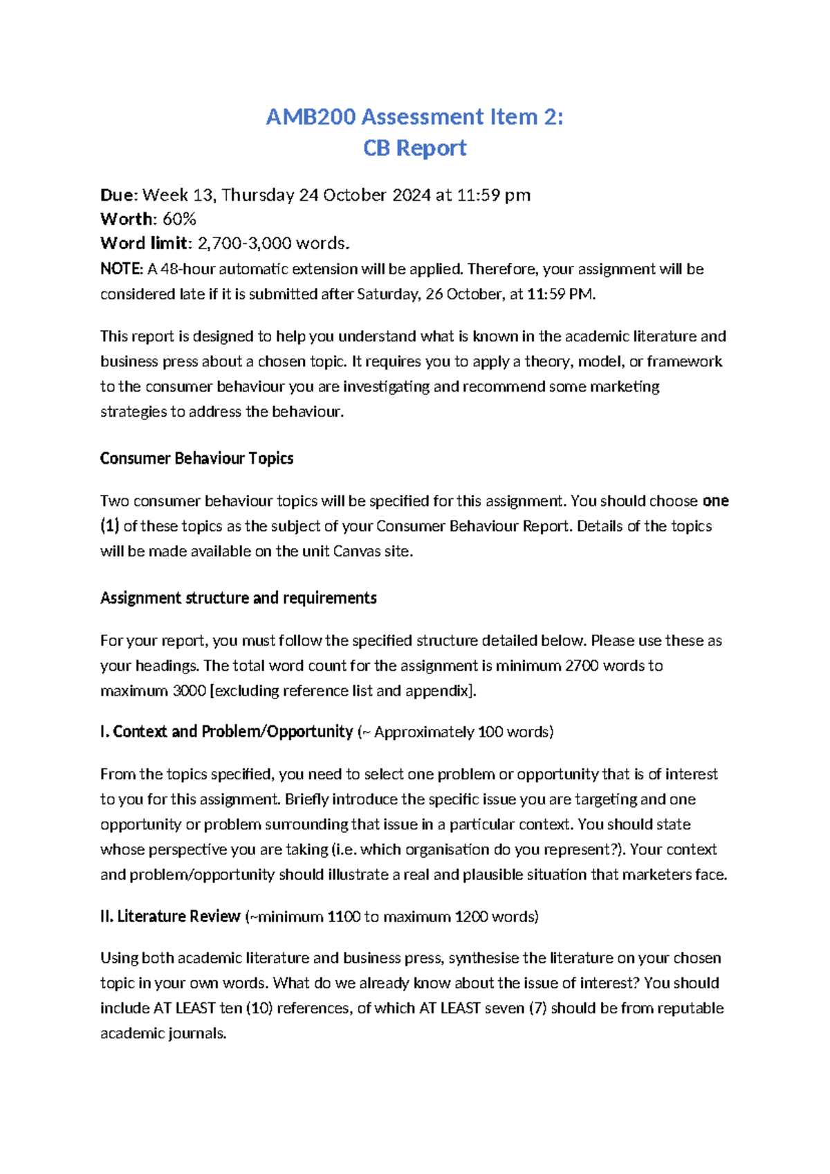 AMB200 CB report Task - Task Notes A2 - AMB200 Assessment Item 2: CB ...