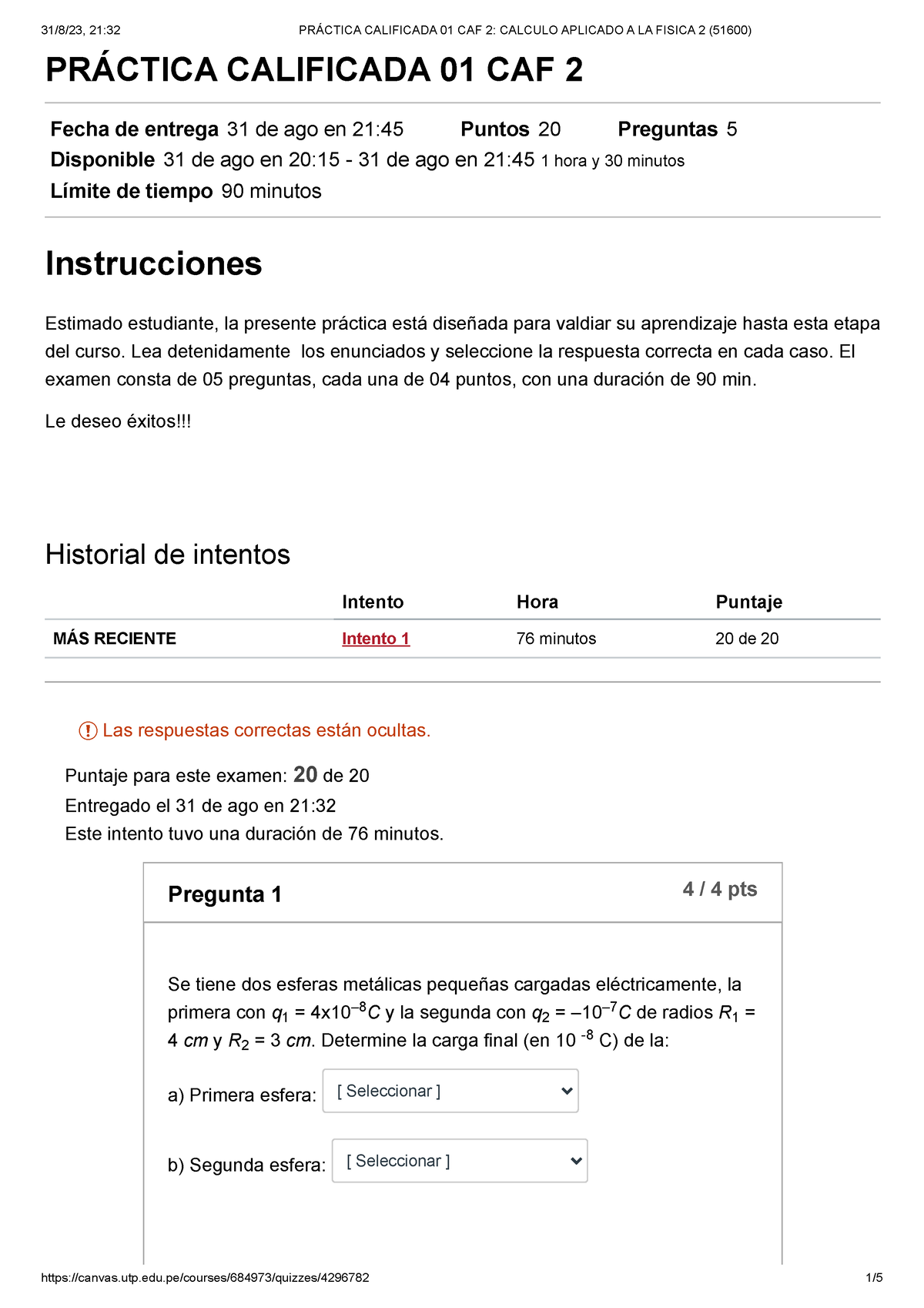 Práctica Calificada 01 CAF 2 Calculo Aplicado A LA Fisica 2 (51600 ...