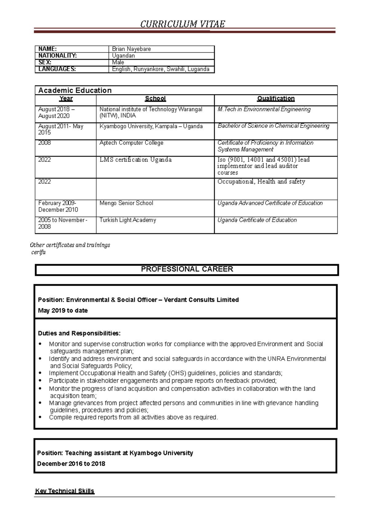 Curriculum Vitae - CURRICULUM VITAE NAME: Brian Nayebare NATIONALITY ...