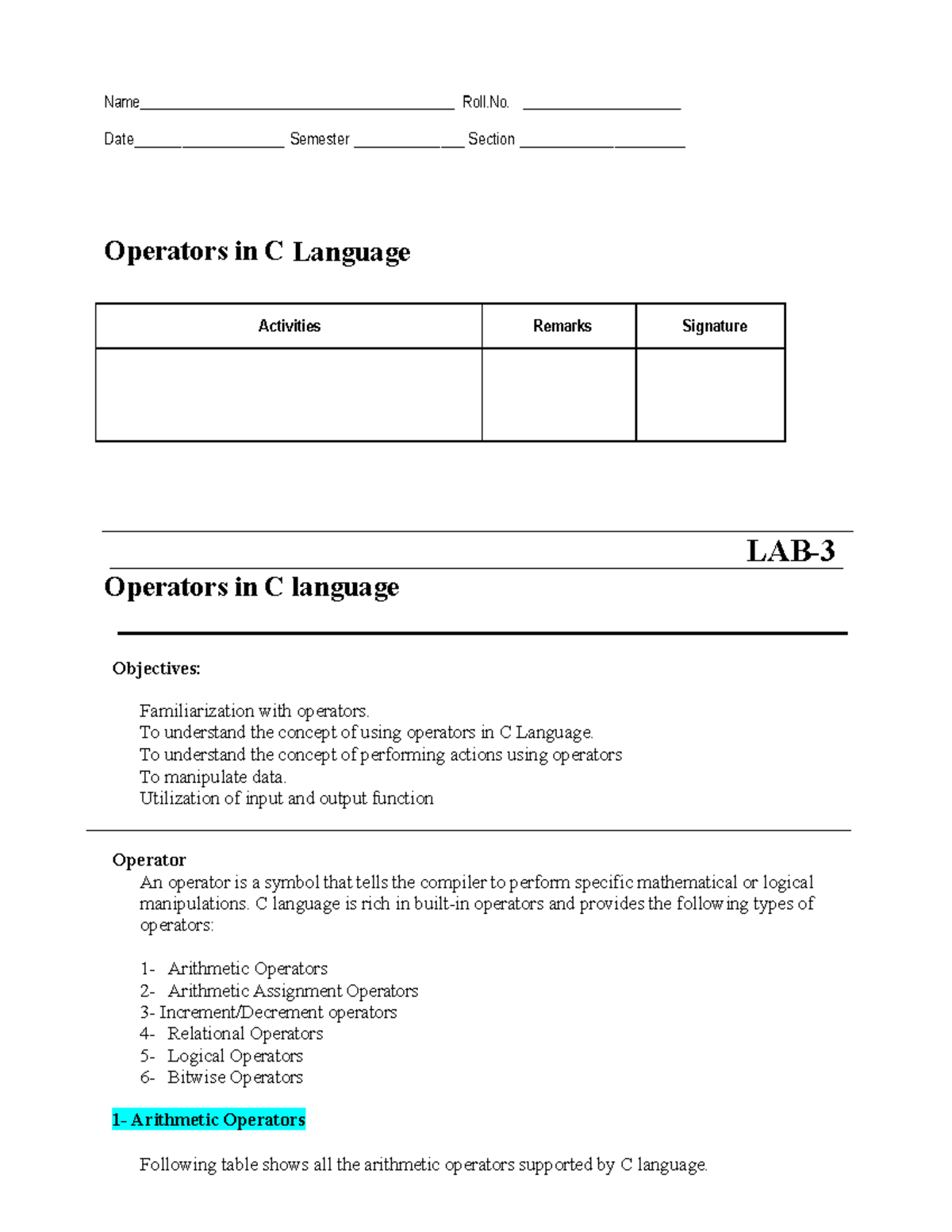 Lab 03 lab manual c language Name