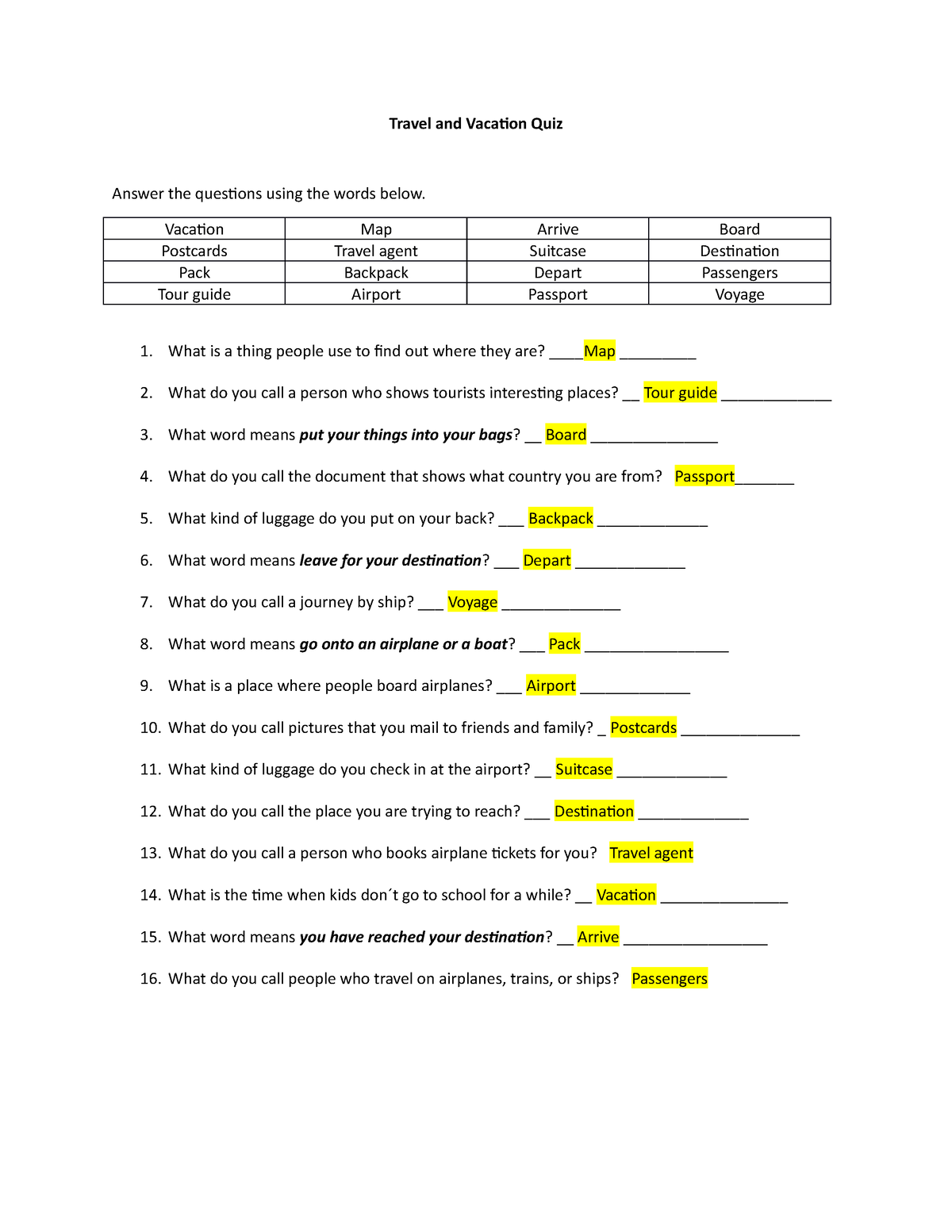 Vacation Quiz Worksheet - Travel and Vacation Quiz Answer the questions