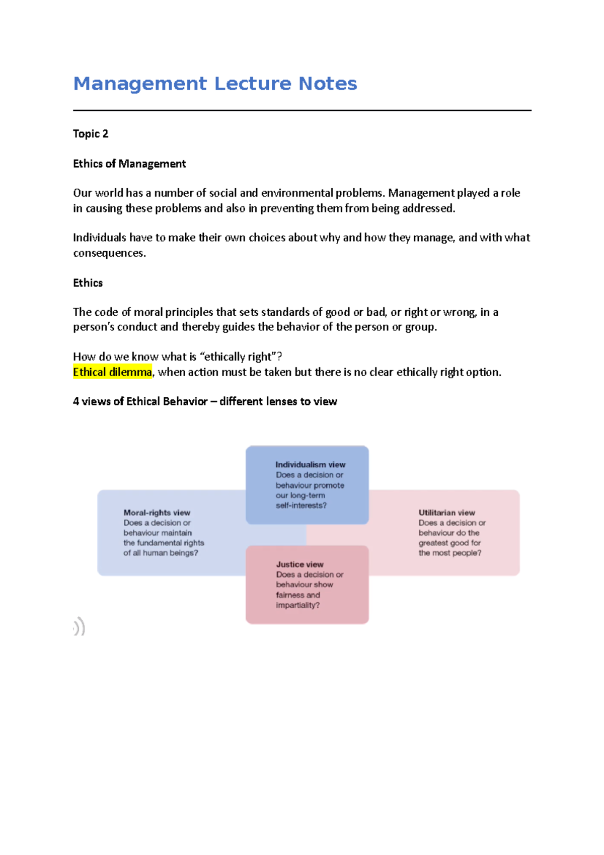 Management Lecture Notes - Management Lecture Notes Topic 2 Ethics Of ...