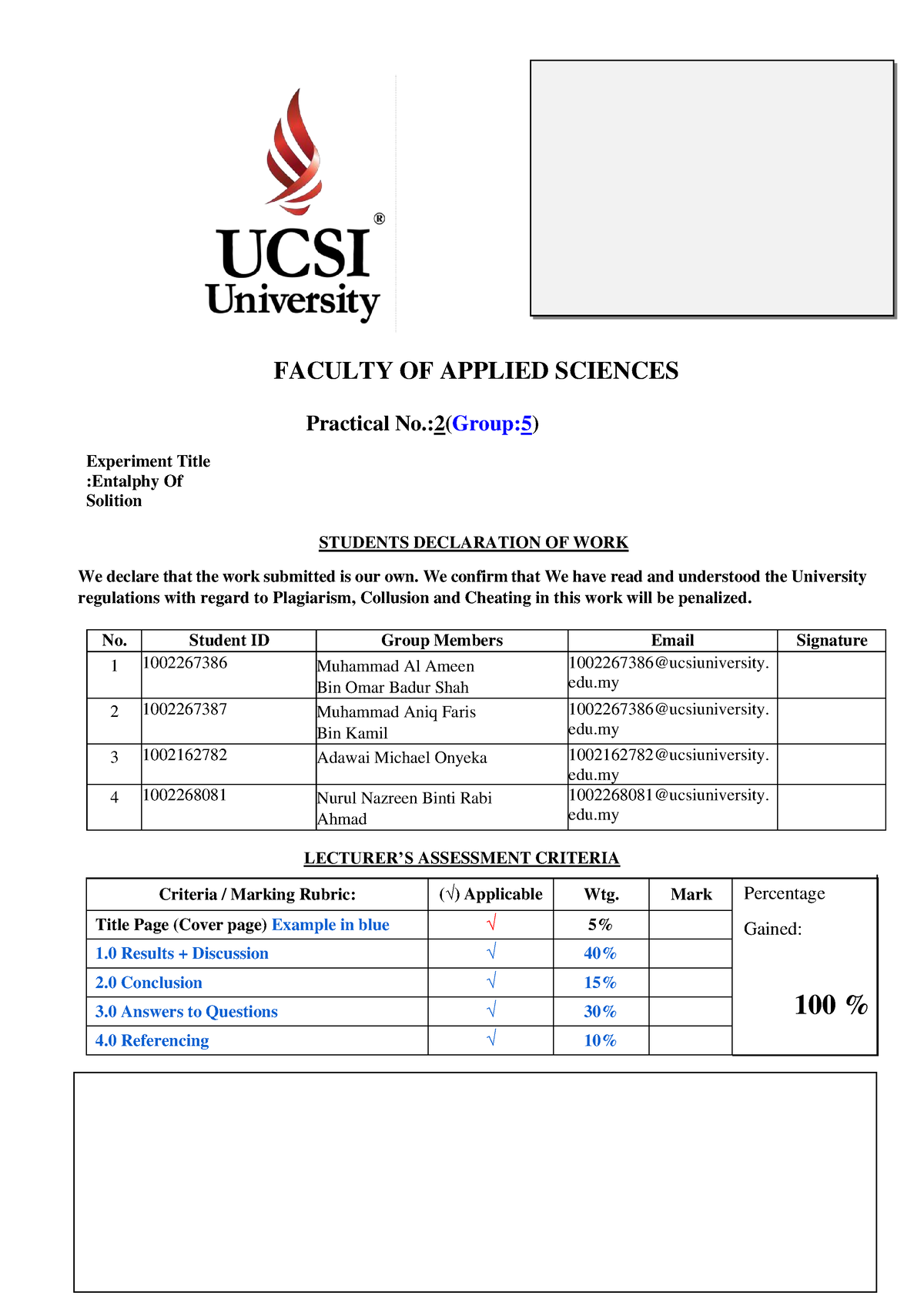 chemistry lab report matriculation experiment 2