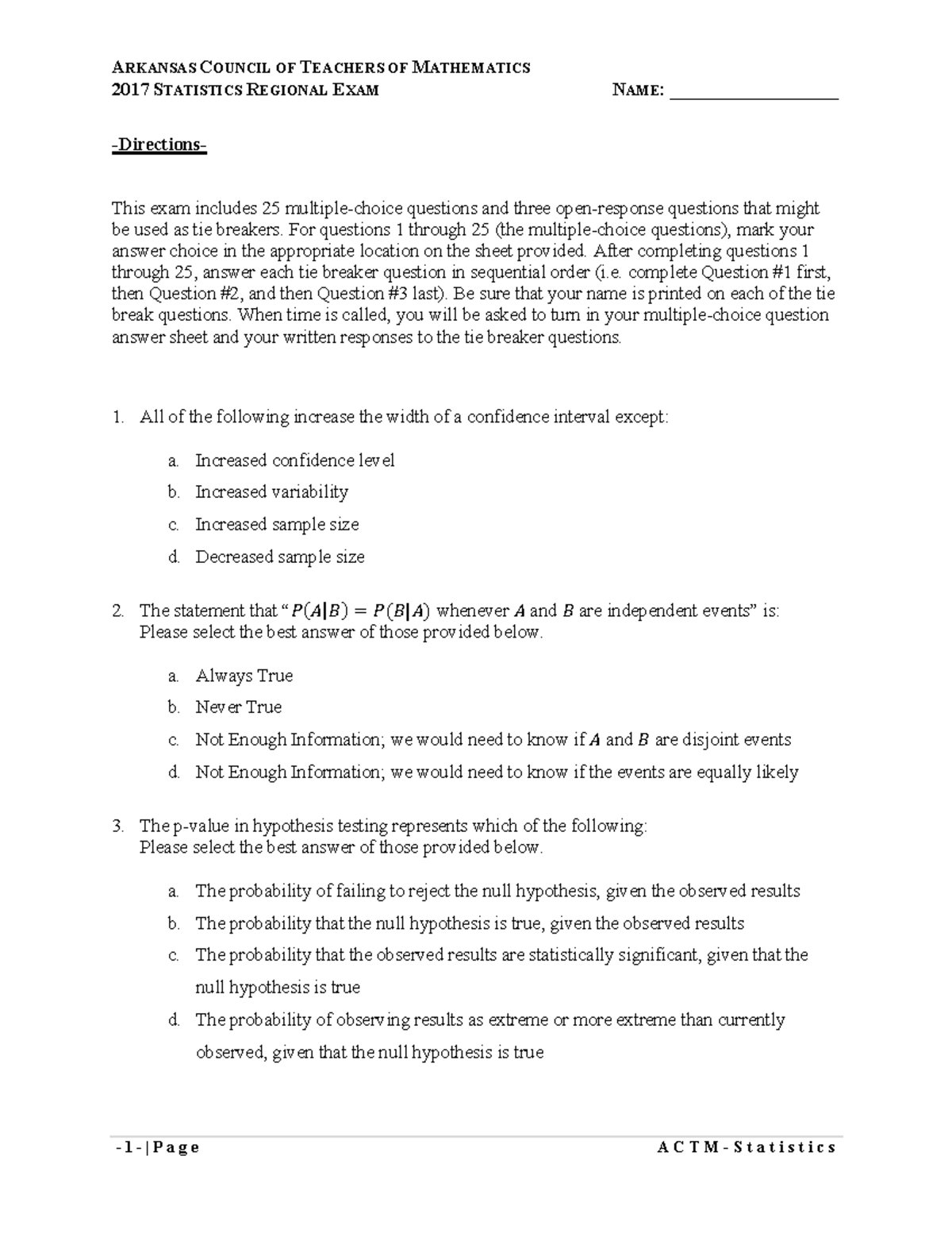 \Statistics and Key A 1 - 2017 STATISTICS REGIONAL EXAM NAME ...