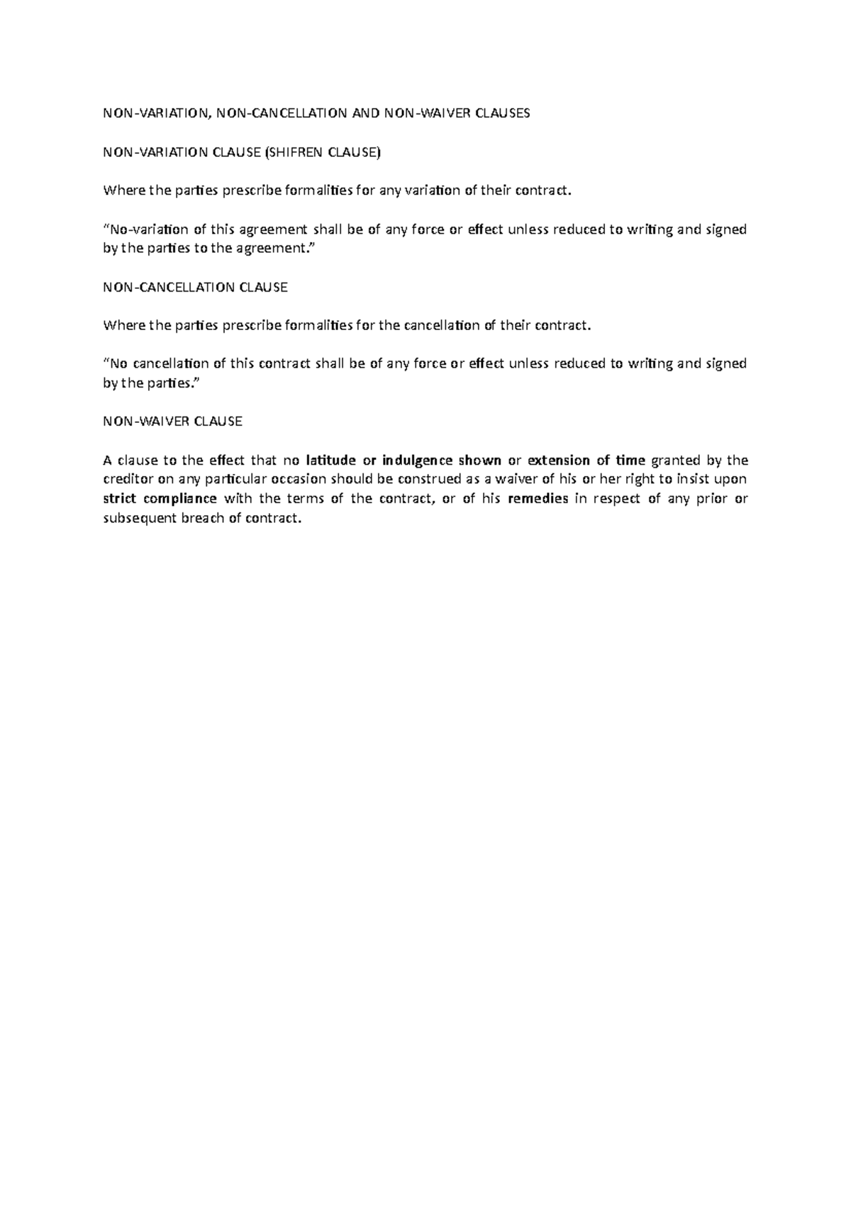 Non variation cancellation waiver NONVARIATION, NONCANCELLATION AND