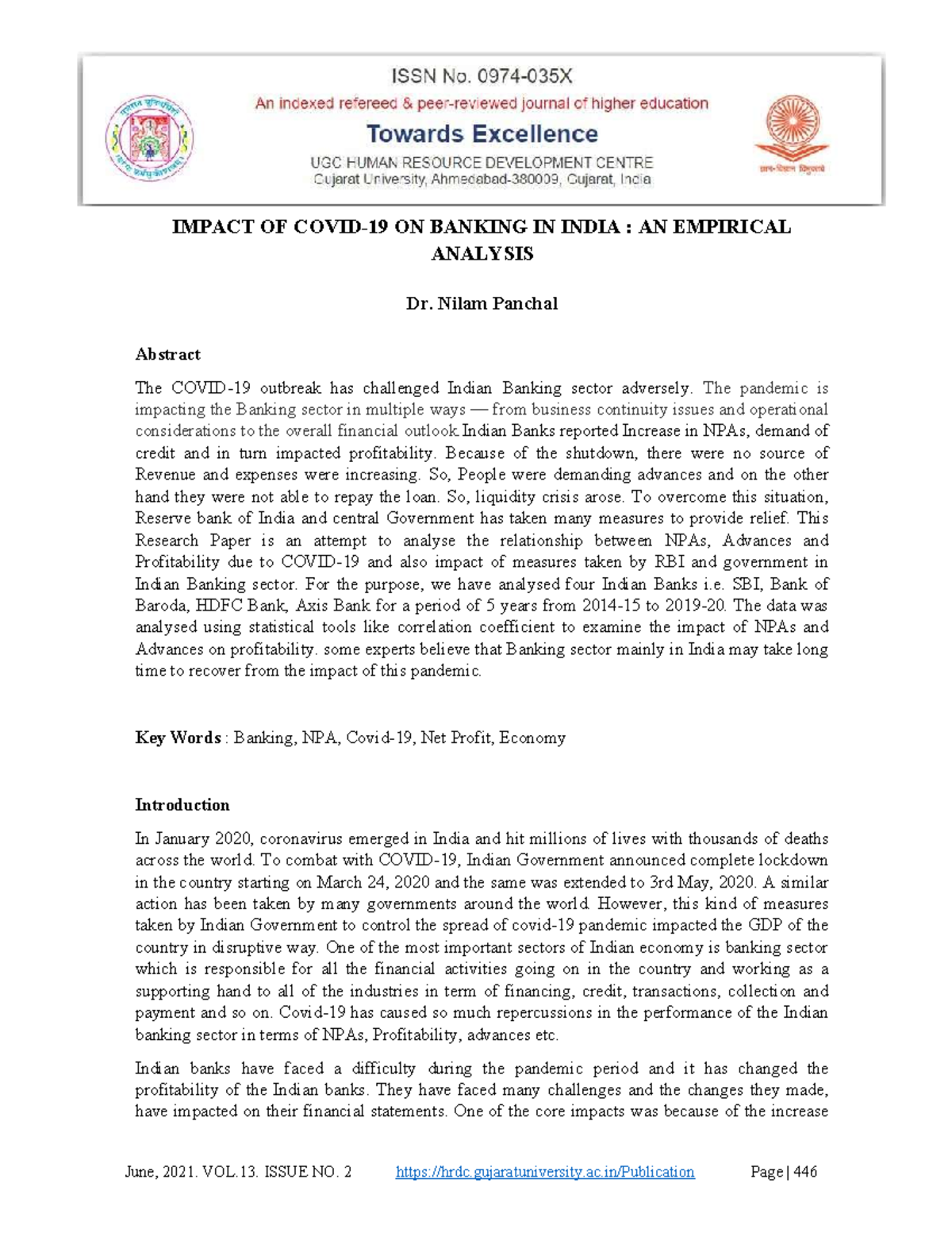 Document for reference - IMPACT OF COVID-19 ON BANKING IN INDIA : AN ...