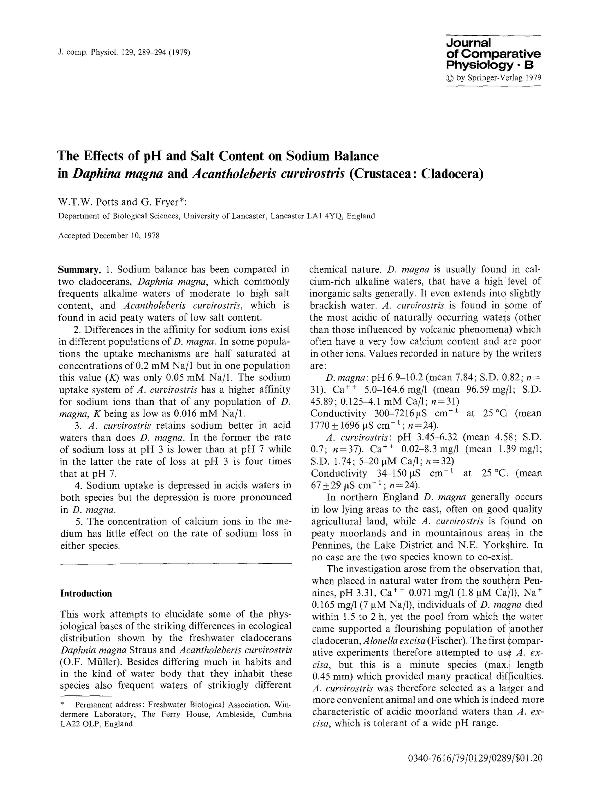 Potts 1979 - Stuff - J. Comp. Physiol. I29, 289 294 (1979) Journal Of ...