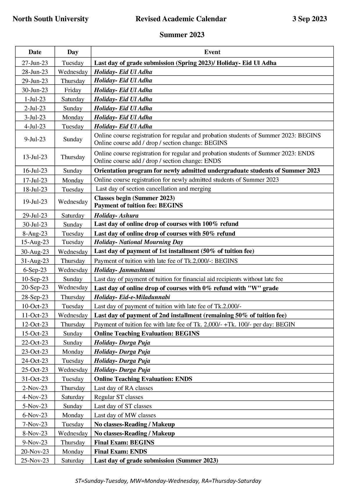 Revised Academic Calendar Summer 2023 03 Sep 2023 North South