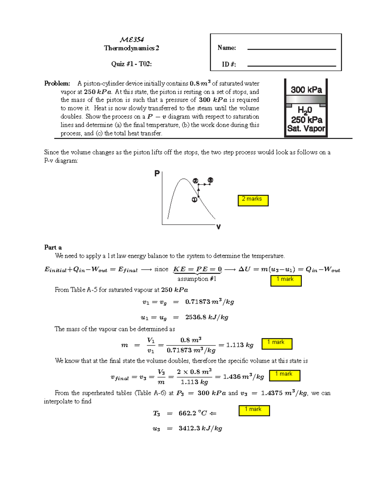 cilindro pistón ME 354 Thermodynamics 2 Quiz 1 T02 Name ID