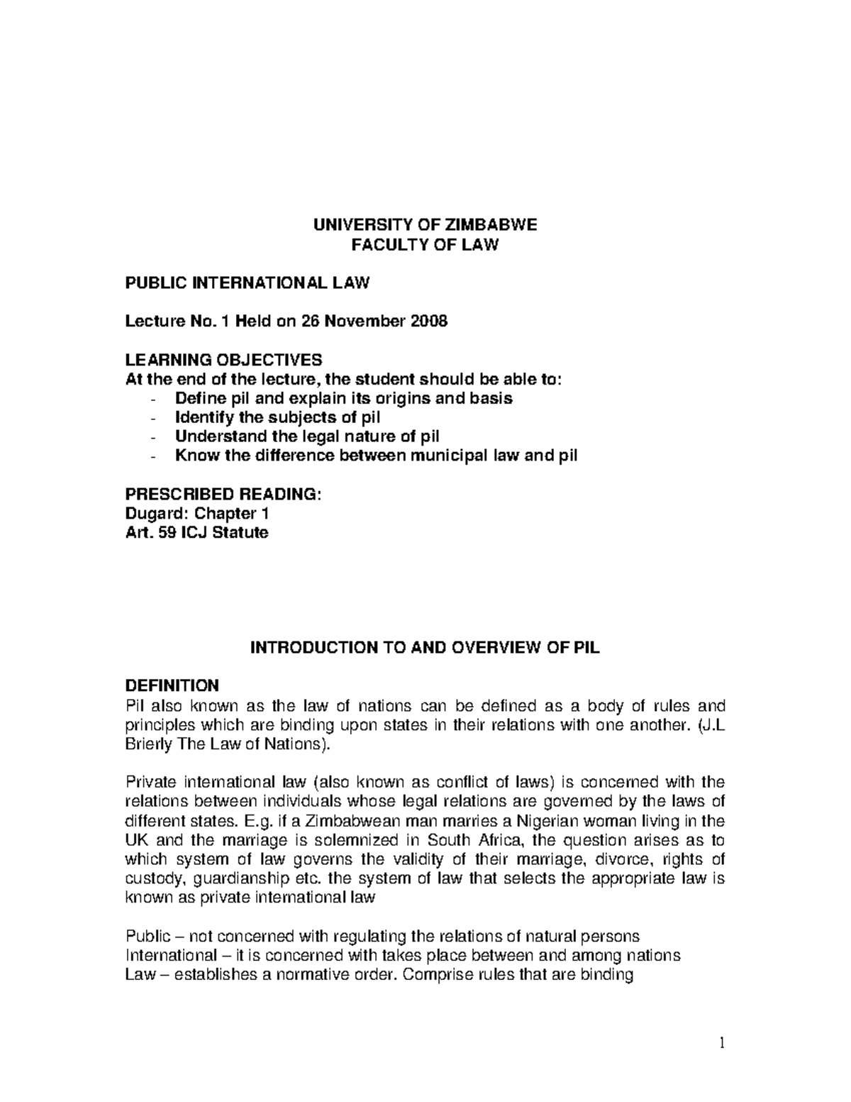 Lecture 1 - Introduction to and Overview OF Public International Law ...