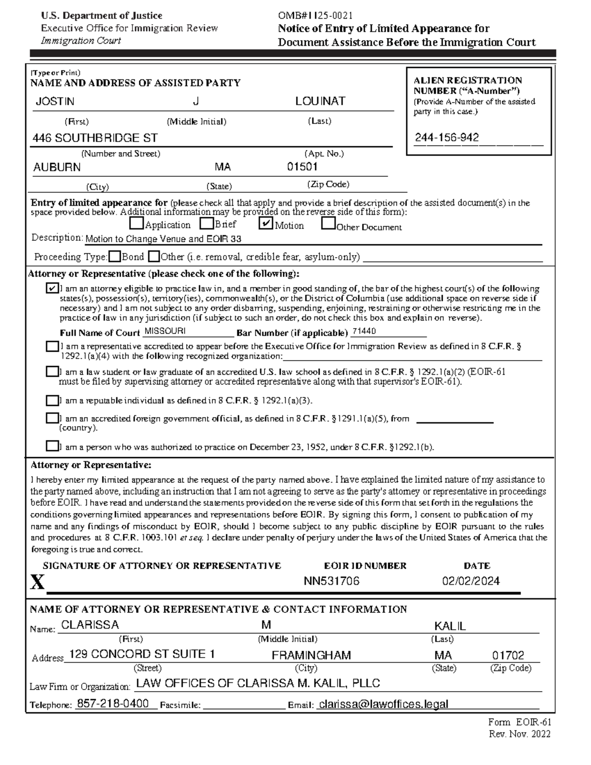 001. Eoir-61 - ic limited appearance form 508 compliant nov 2022 Jostin ...