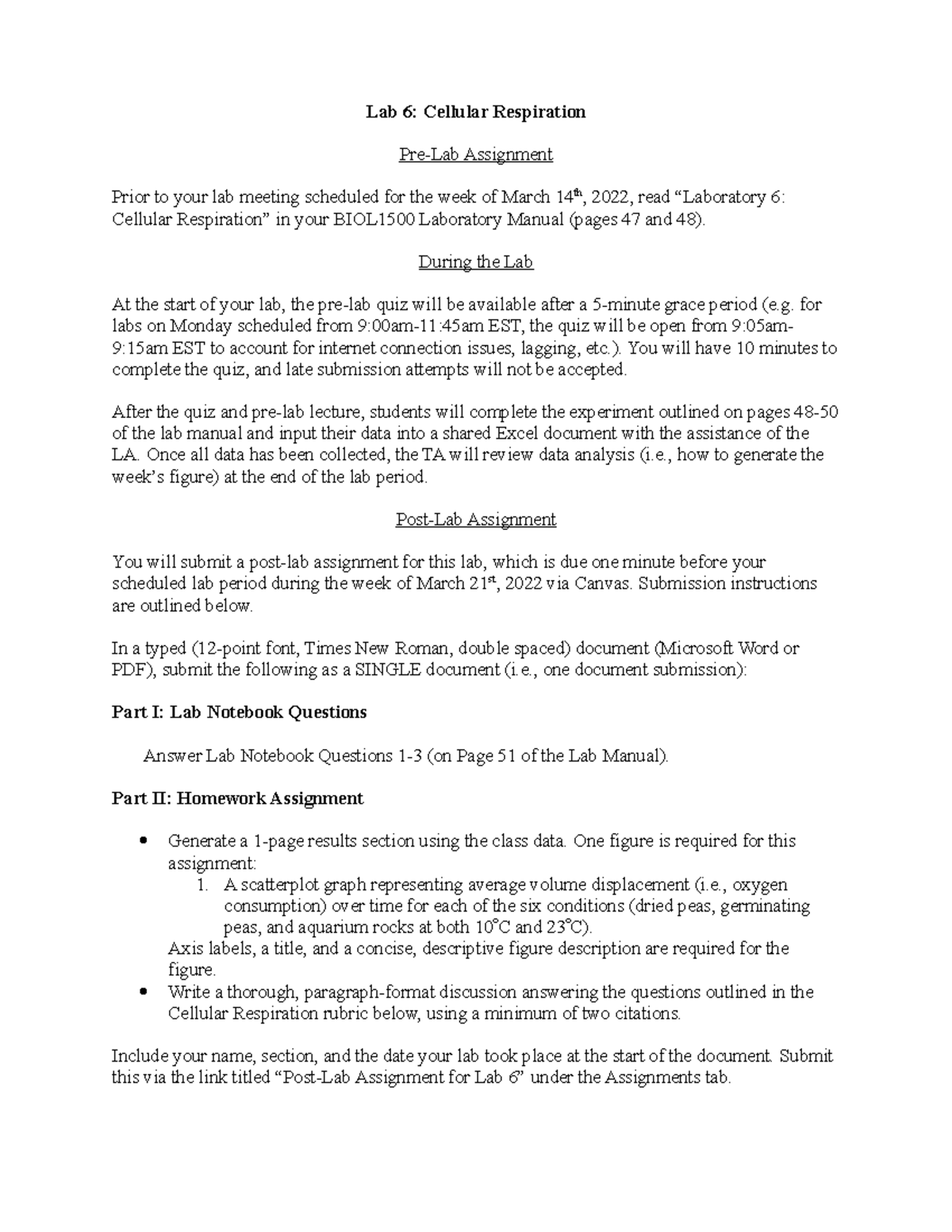 Cellular Respiration Lab Agenda + Post Lab Rubric - Lab 6: Cellular ...