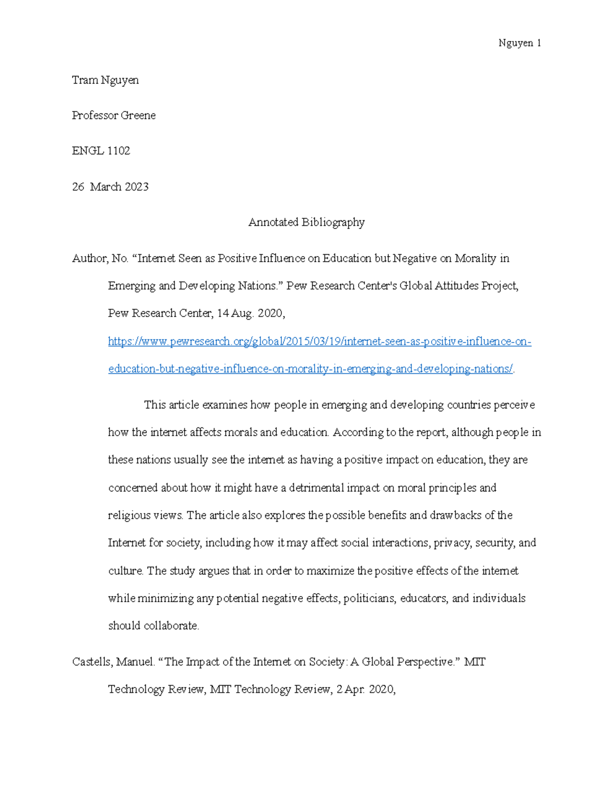 Annotated Bibliography - Tram Nguyen Professor Greene ENGL 1102 26 ...