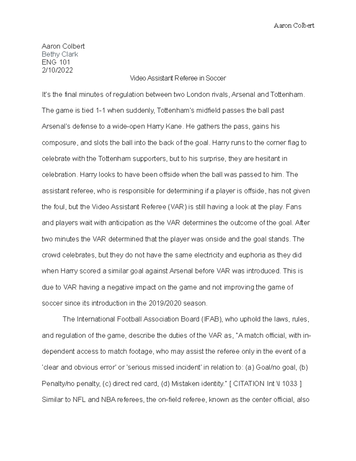 VAR Referee - Essay - Aaron Colbert Bethy Clark ENG 101 2/10/ Video ...