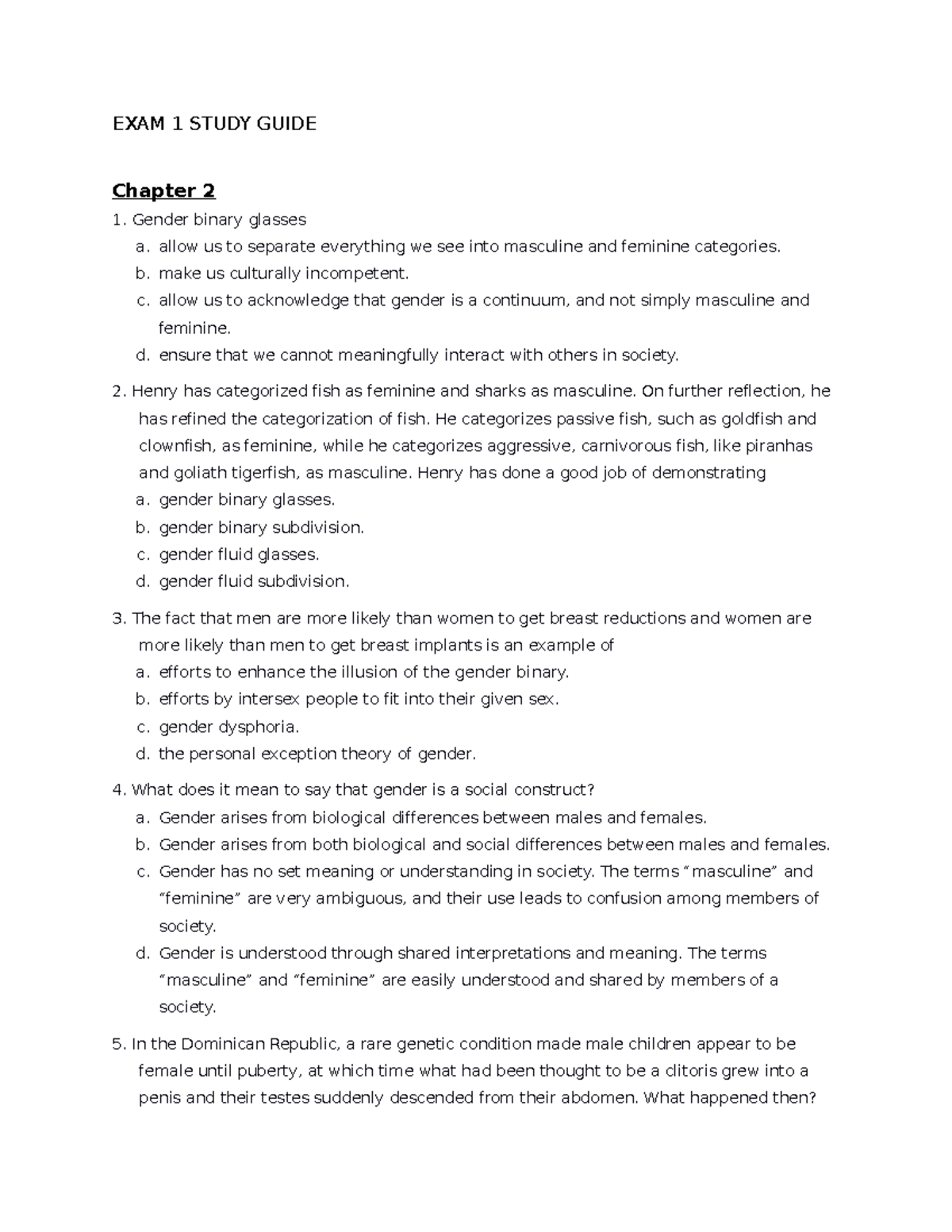 Study Guide 1 - summer - EXAM 1 STUDY GUIDE Chapter 2 Gender binary ...