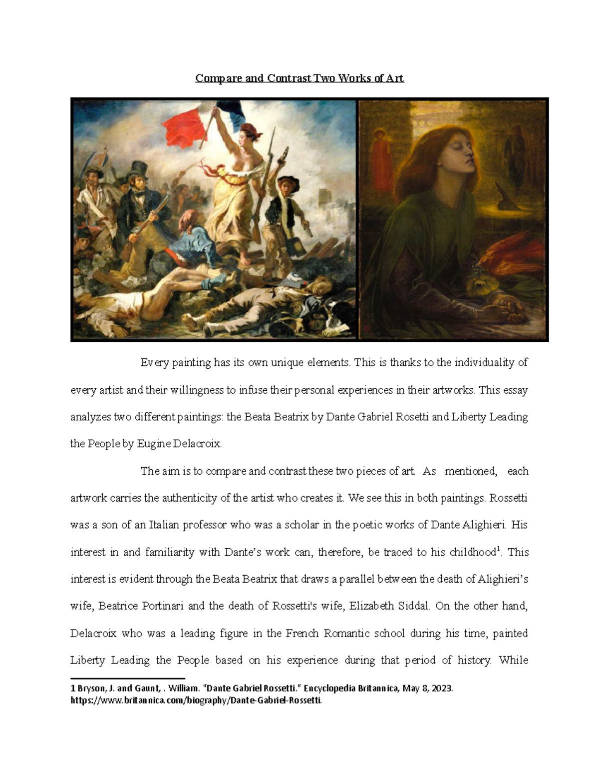 Art Comparison Compare and contrast two works of art* by different