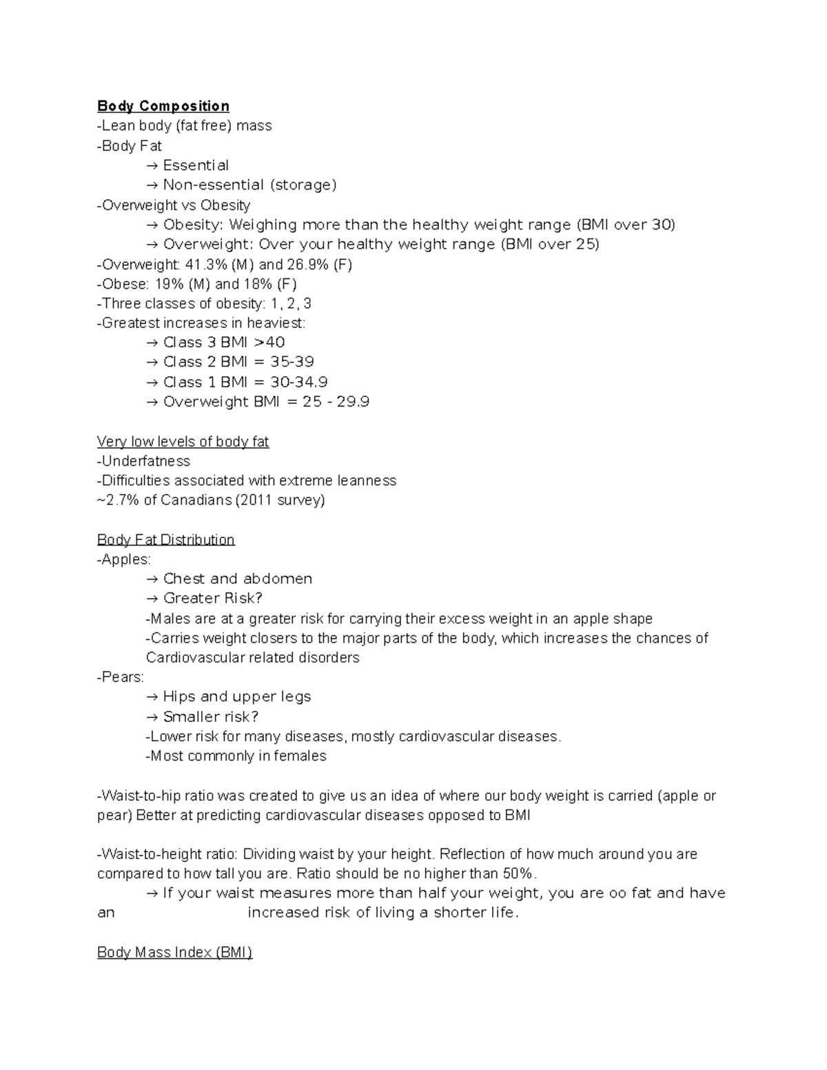Test 3 - Material covered on the Final exam - Body Composition -Lean ...