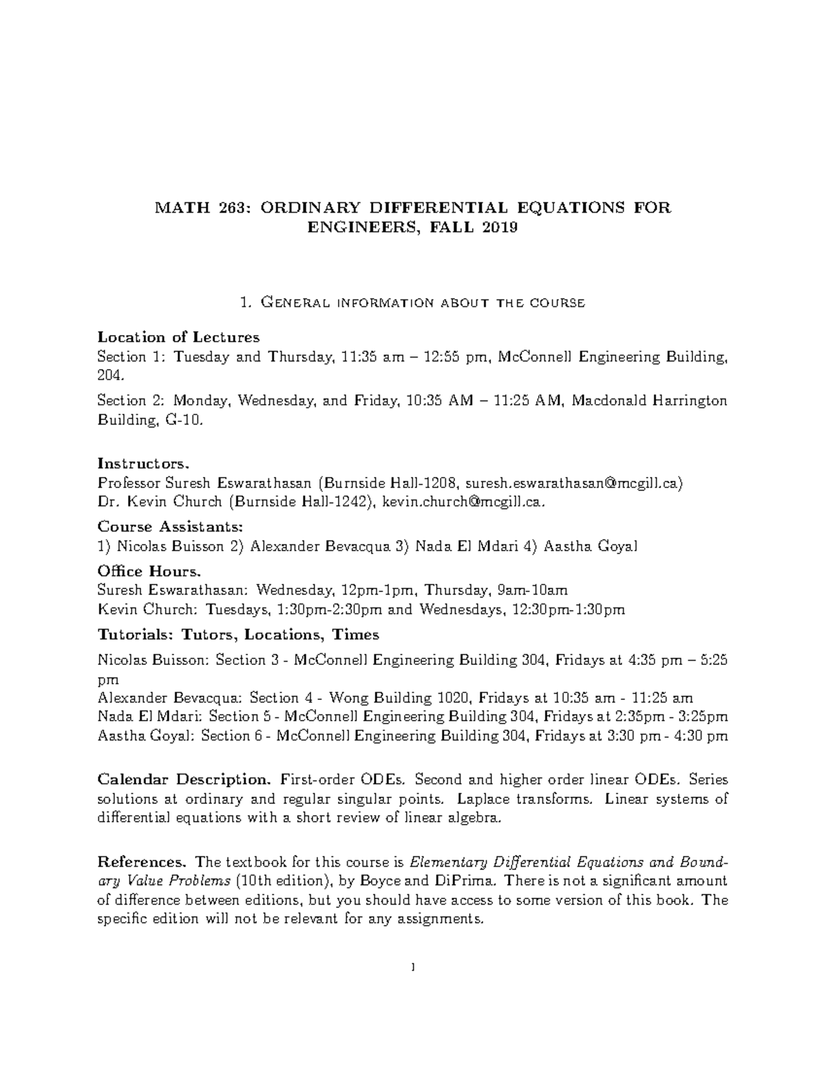 263 2019 syllabus - MATH 263: ORDINARY DIFFERENTIAL EQUATIONS FOR ...