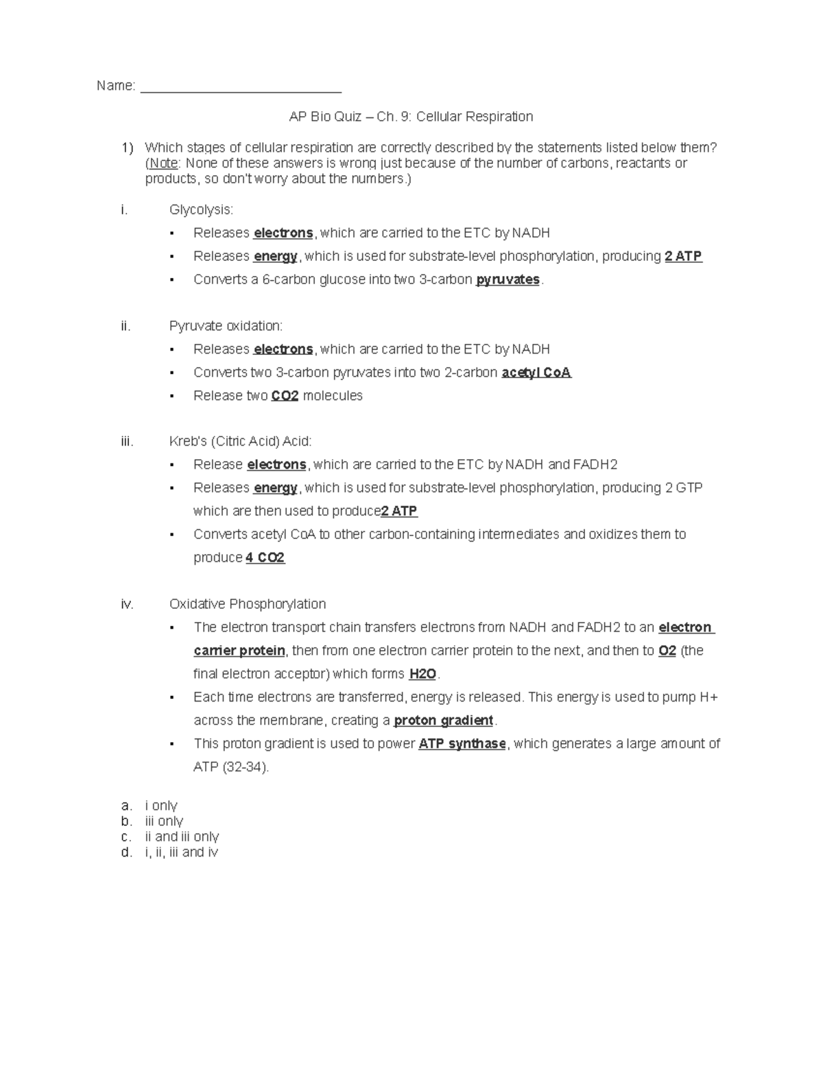 Bio Quiz Ch. 9 Cellular Respiration - Name: AP Bio Quiz Ch. 9: Cellular ...