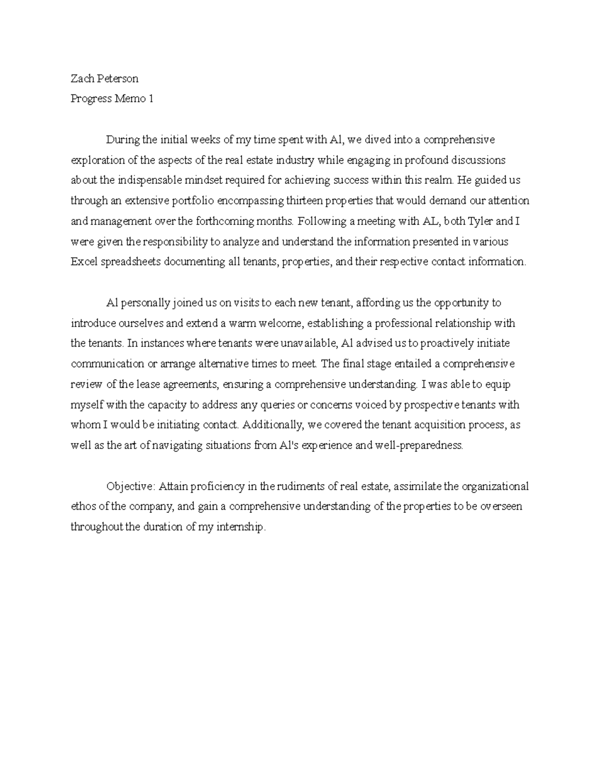 Progress Memo 1 - information for the course - Zach Peterson Progress ...