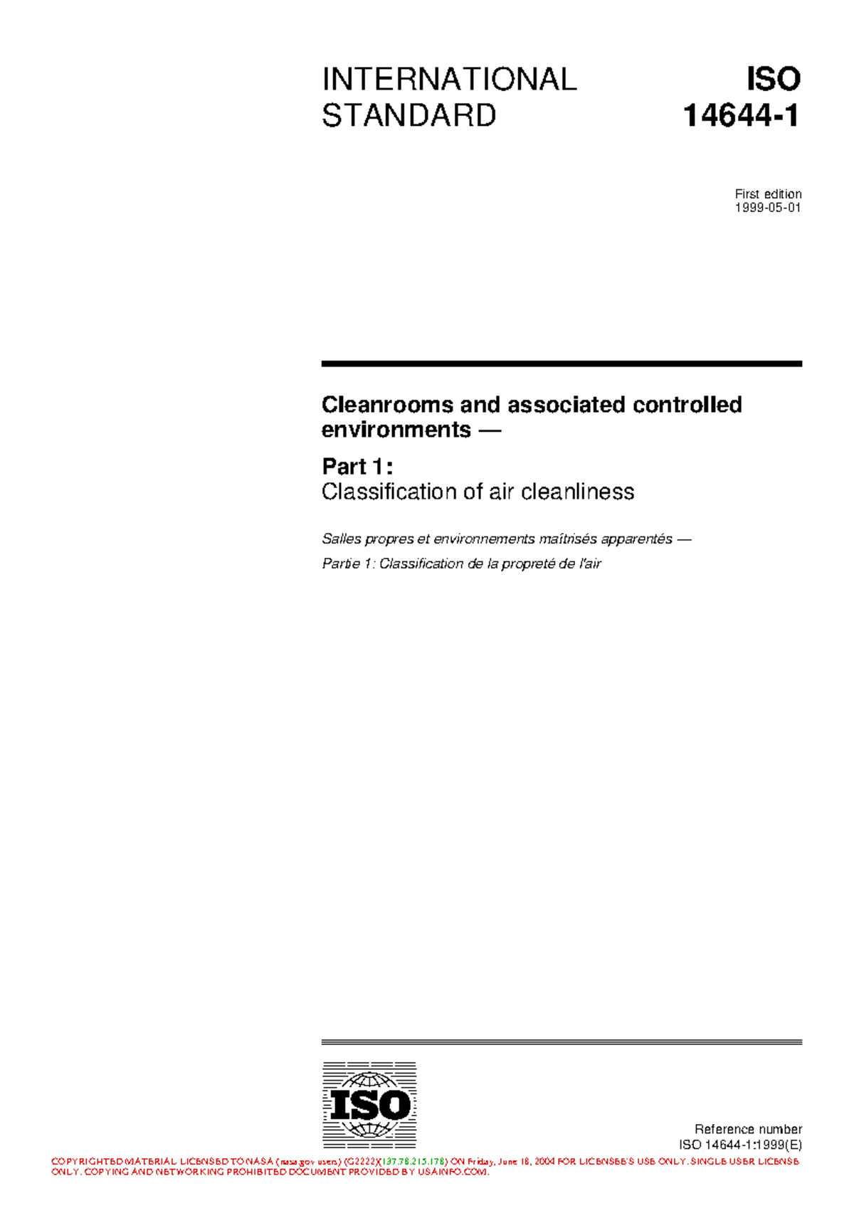 ISO14644 1 - A Reference number ISO 14644-1:1999(E) INTERNATIONAL ...