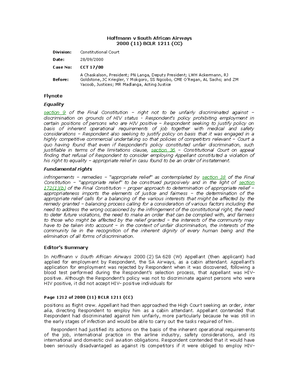 12.hoffmann v south african airways - Hoffmann v South African Airways ...