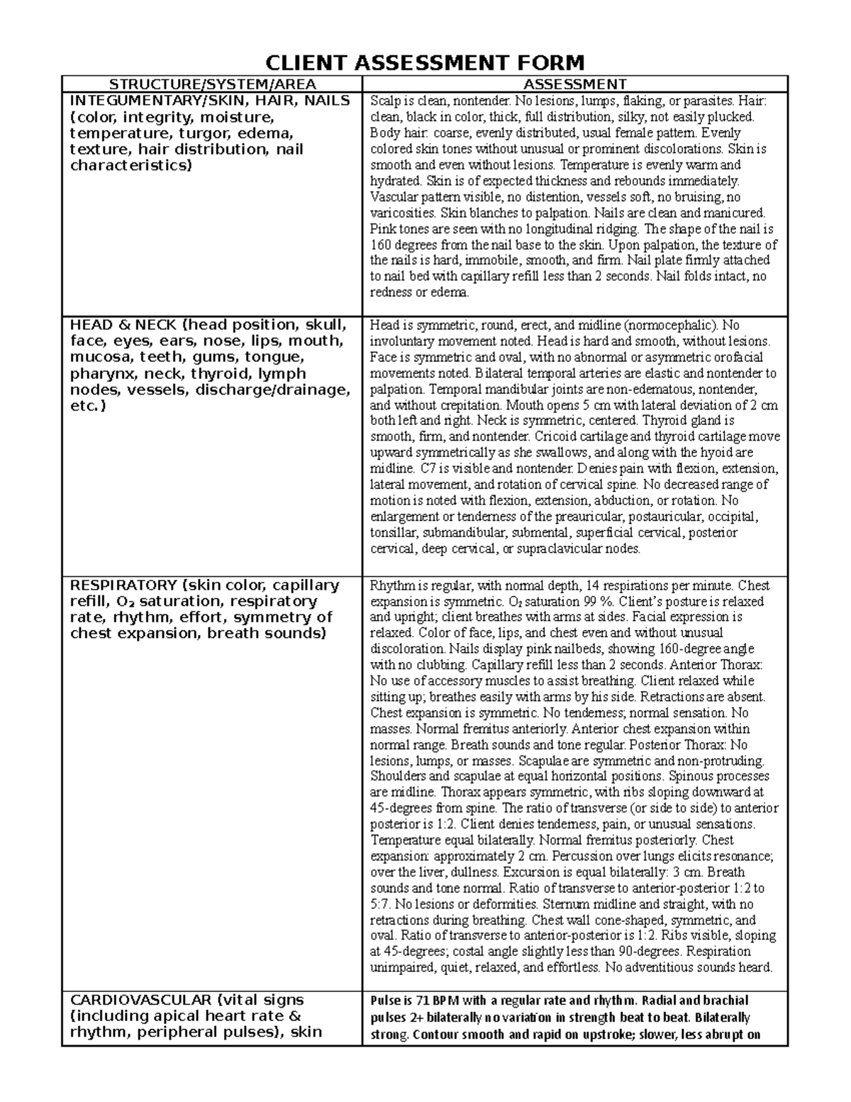 Lab Final Documentation - CLIENT ASSESSMENT FORM STRUCTURE/SYSTEM/AREA ...