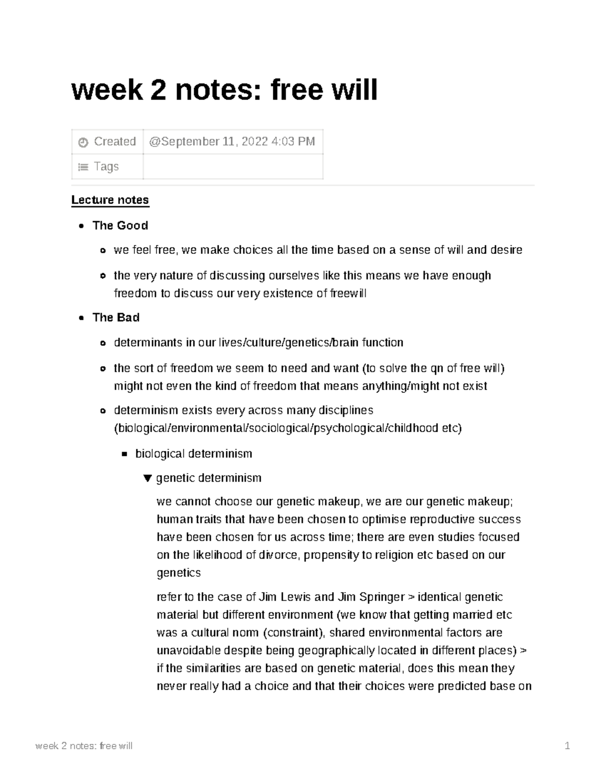 Week 2 notes free will - week 2 notes: free will Created Tags Lecture ...
