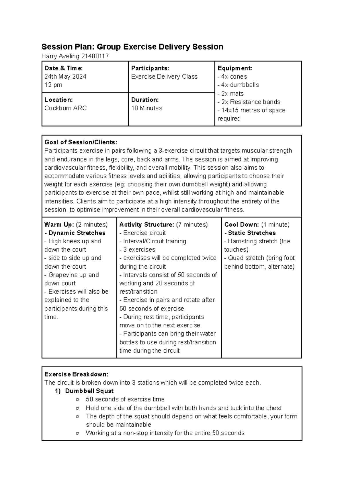 Session Plan - Exercise Delivery - Google Docs - Session Plan: Group ...