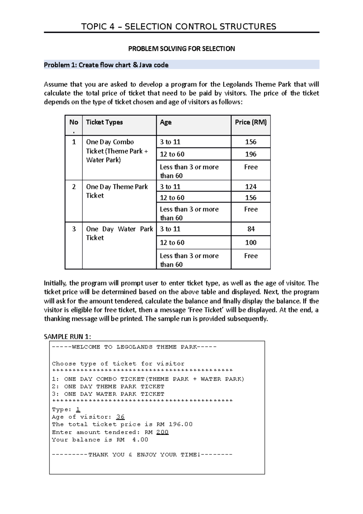 STIA1113 - Lab Exercise 5 Problem Solving FOR Selection - PROBLEM ...