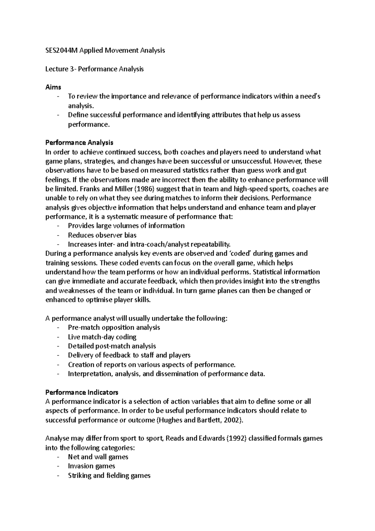 Biomec Lecture 3- Performance analysis - SES2044M Applied Movement ...