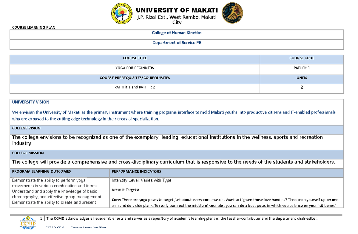 CCMD - Physical education and health - COURSE LEARNING PLAN College of ...