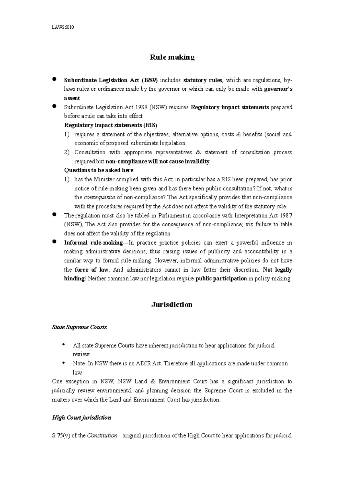 Administrative Law - Summary - USYD LAWS5010 - LAWS5010 Rule making ...