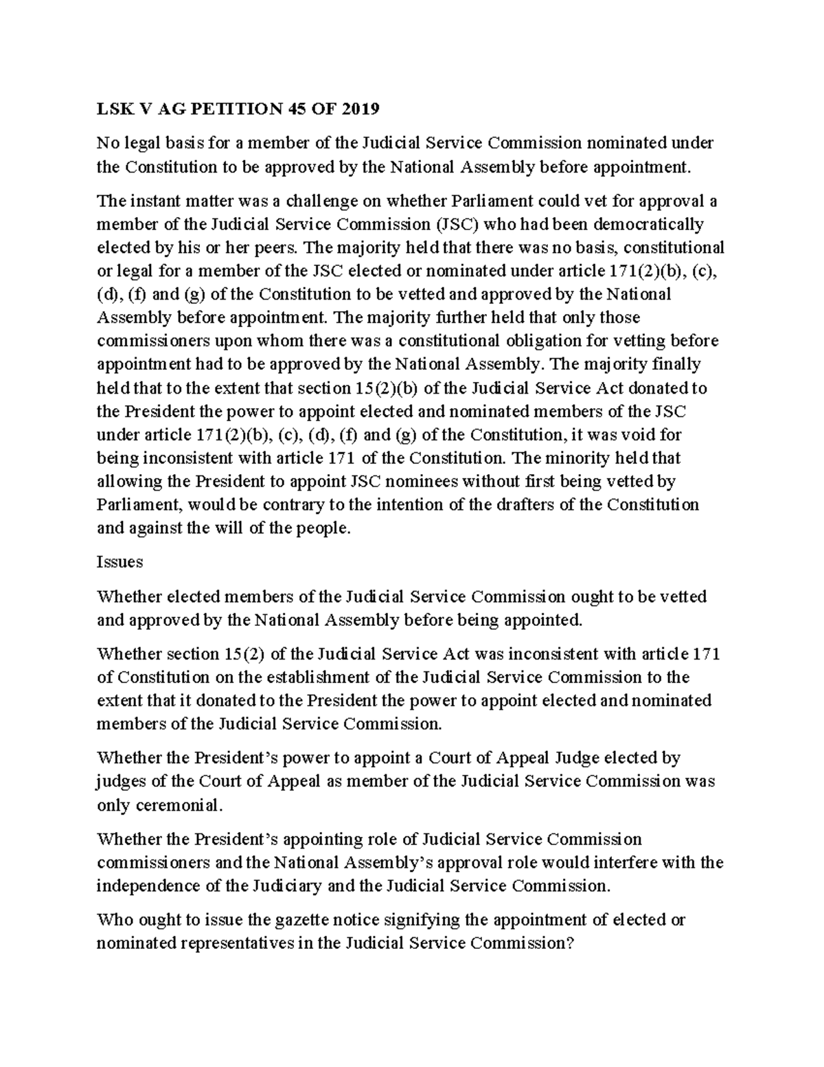 LSK V AG Petition 45 OF 2019 LSK V AG PETITION 45 OF 2019 No legal