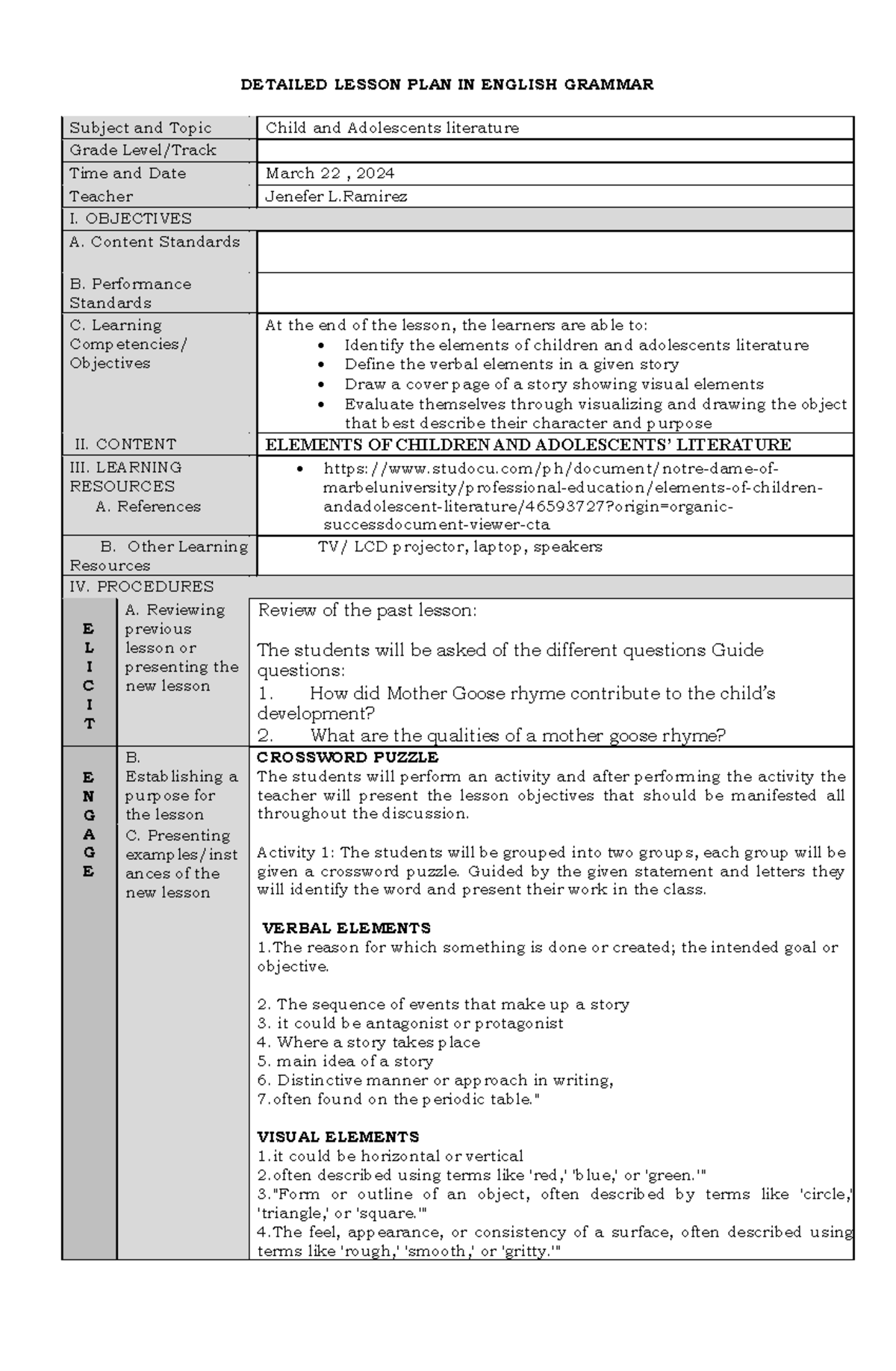 Elements child and ado - DETAILED LESSON PLAN IN ENGLISH GRAMMAR ...
