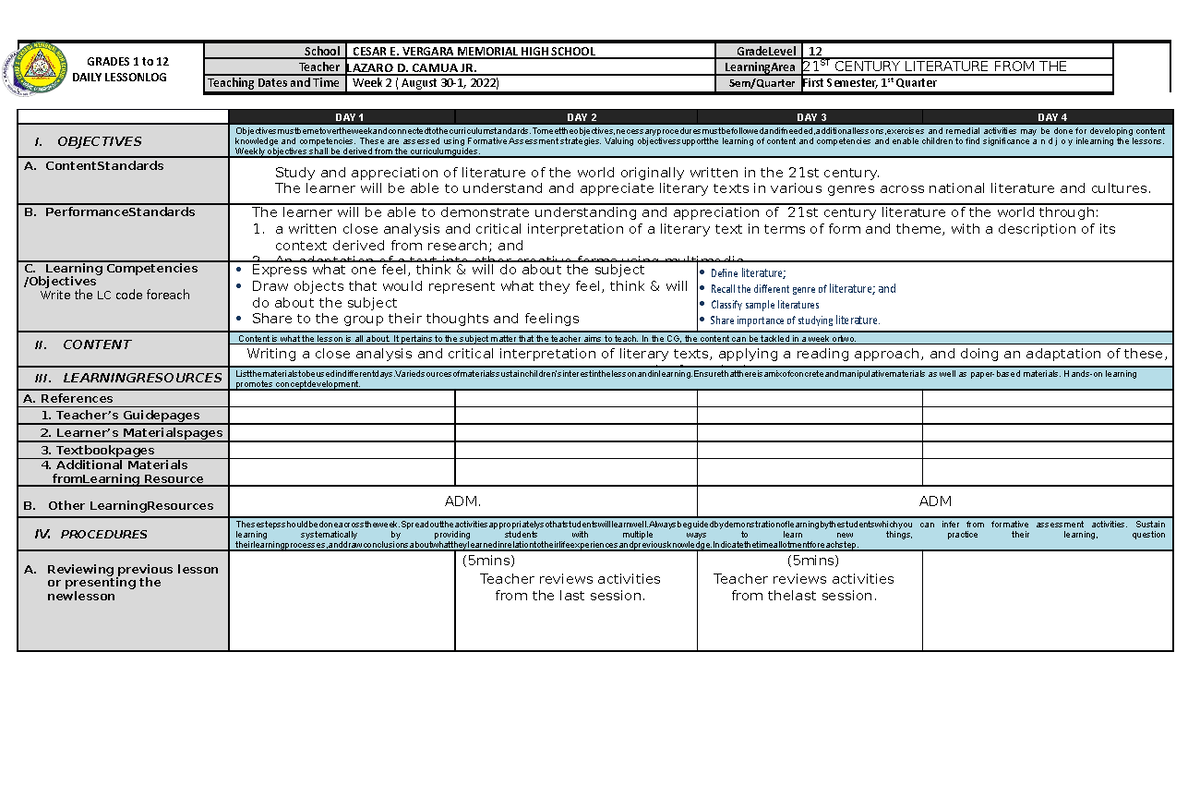 21st Century WEEK 1 - MATERIALS - GRADES 1 to 12 DAILY LESSONLOG School ...