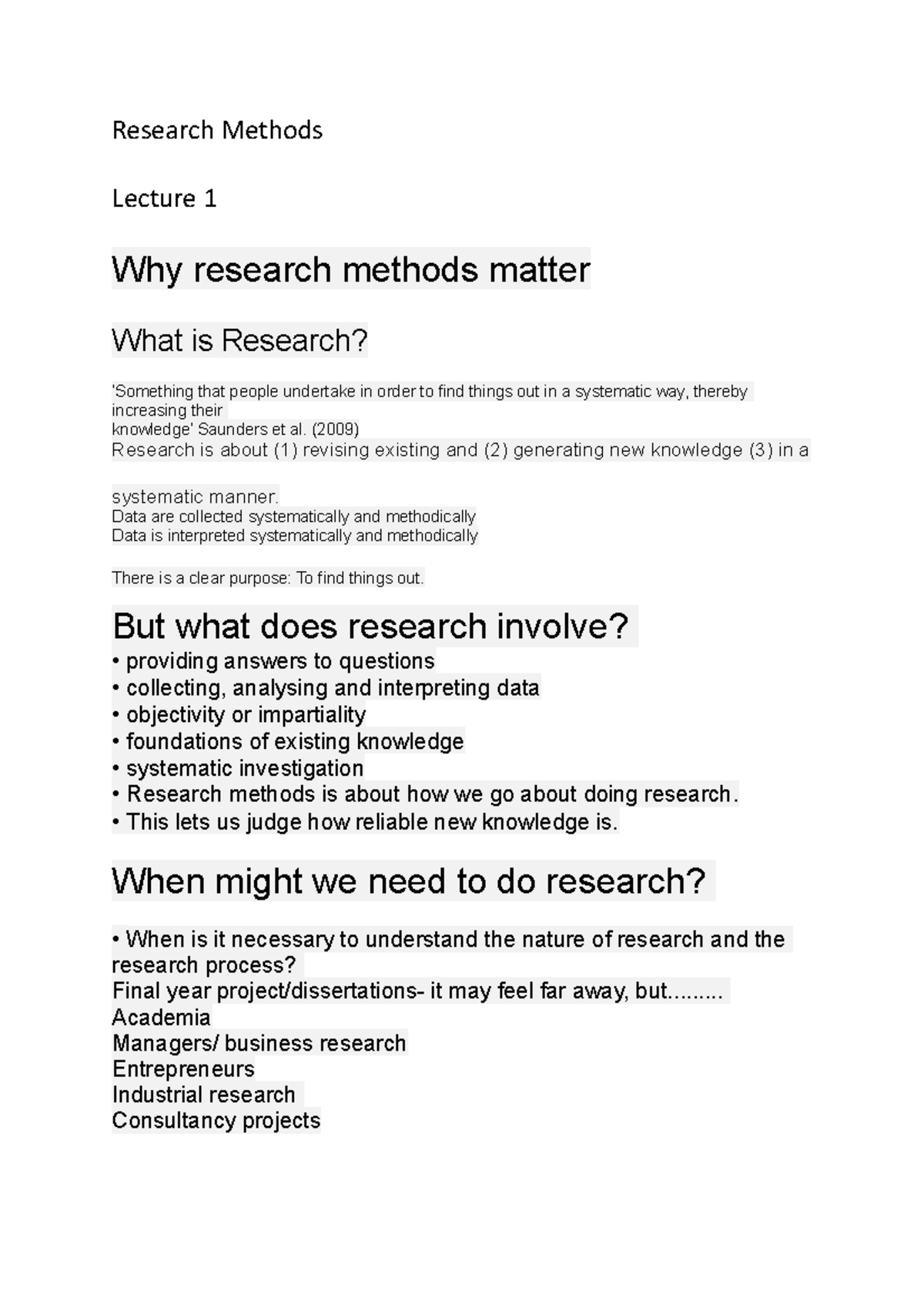 Research Methods - Notes - Research Methods Lecture 1 Why Research ...